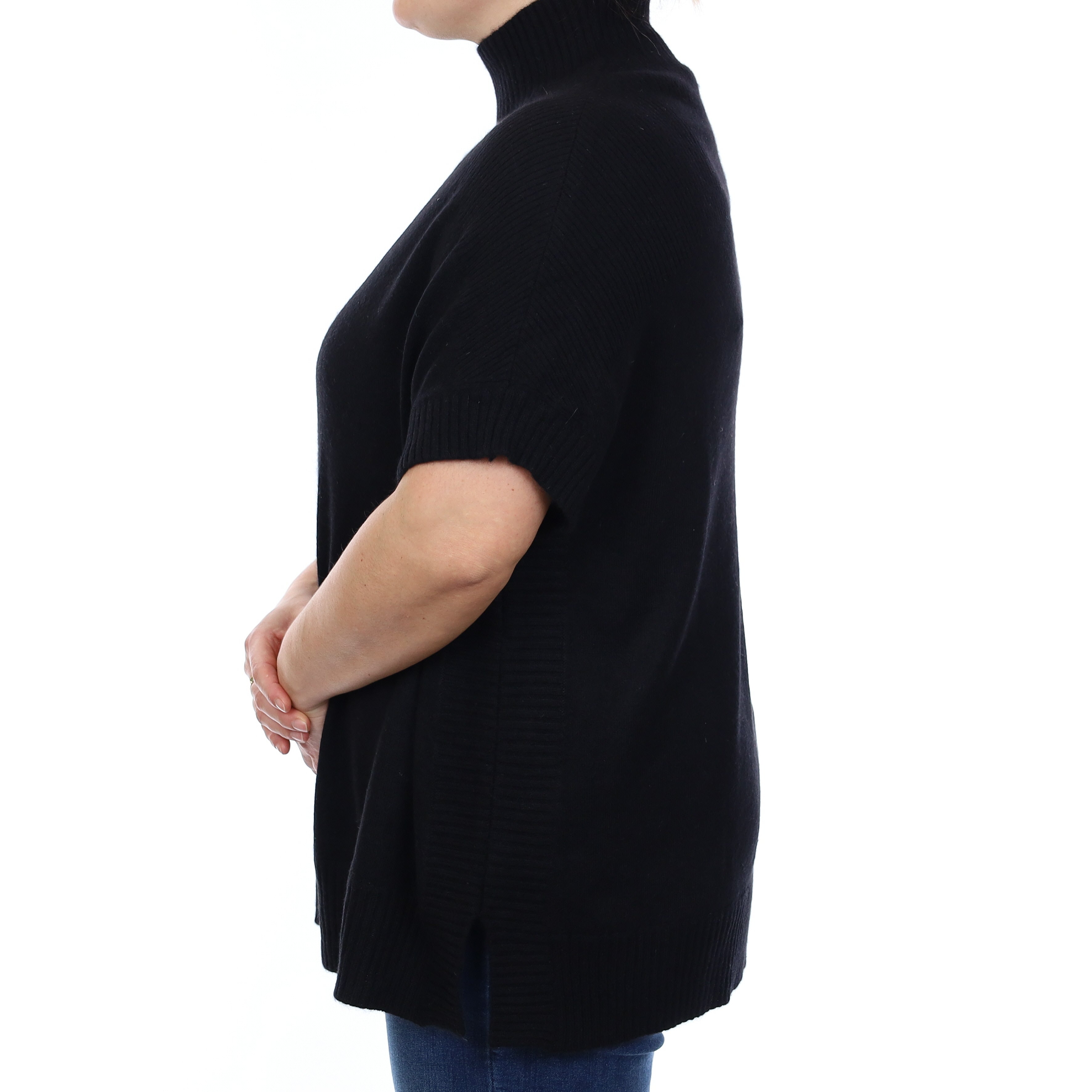 Black Cashmere Slouchy Capped Sleeve Turtle Neck Tunic Large