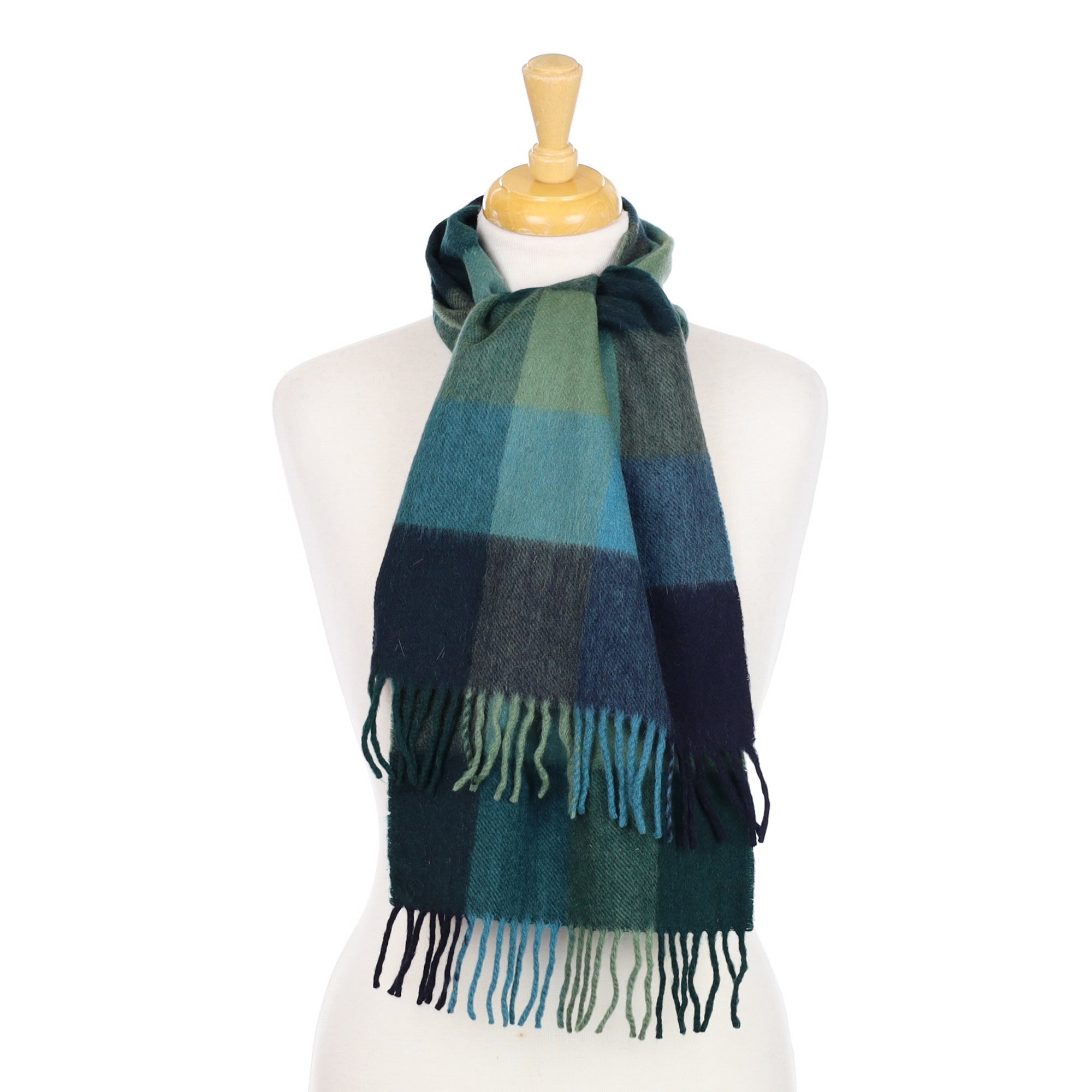 Teal Blue and Green Checked Fringed Woven Scarf