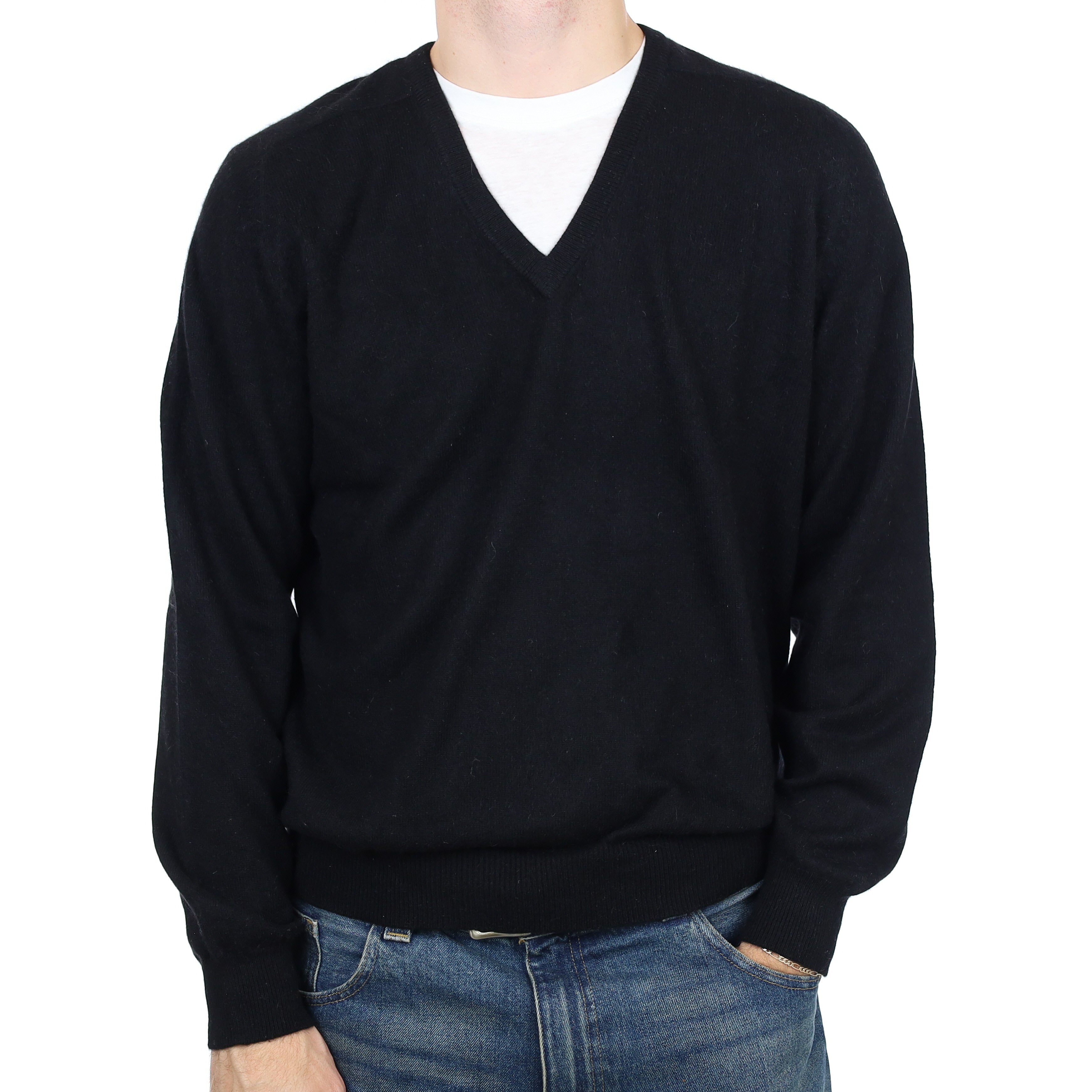 Men’s Black Cashmere V Neck Jumper Large