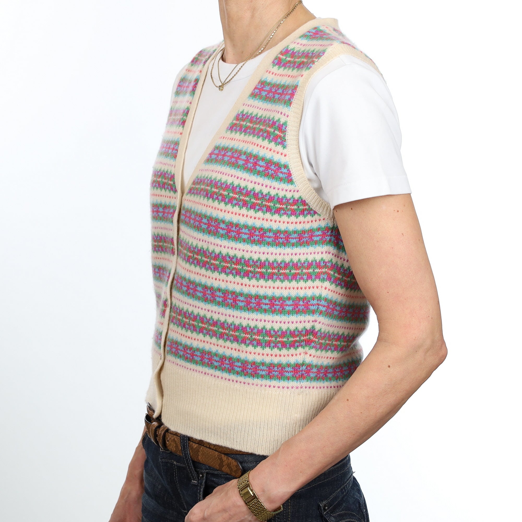 Scottish Brora Multicoloured Fair Isle Cashmere V Neck Waistcoat Small