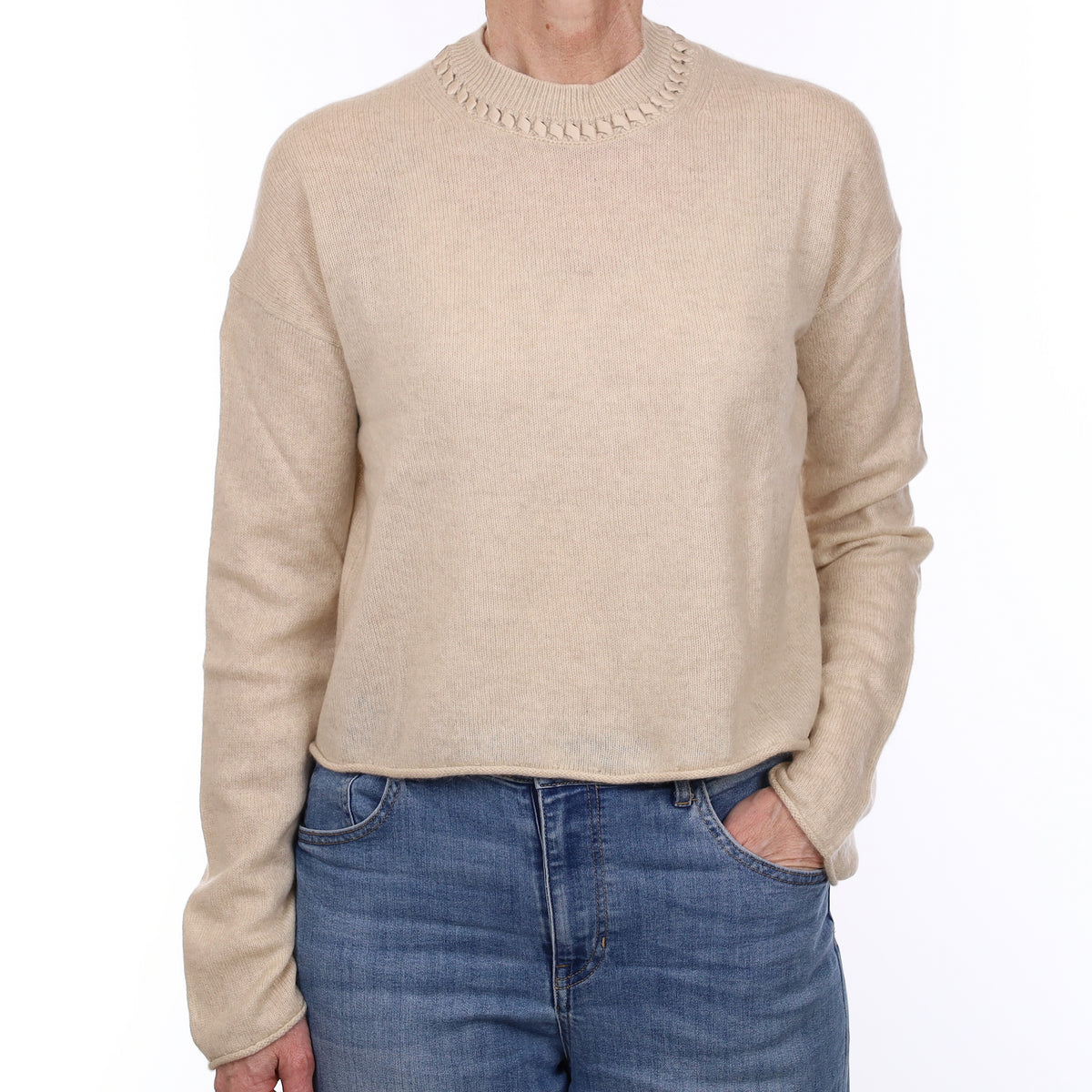 Theory Oatmeal Cashmere Lace Detail Crew Neck Jumper Small