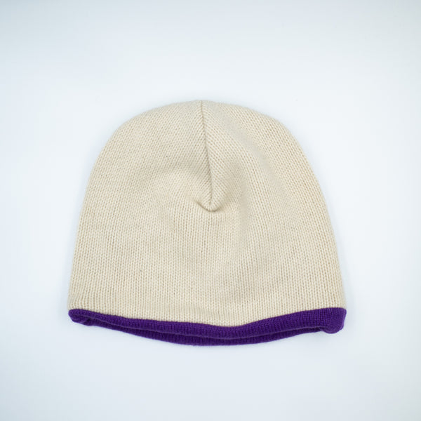 Cream and Purple Cashmere Beanie Hat