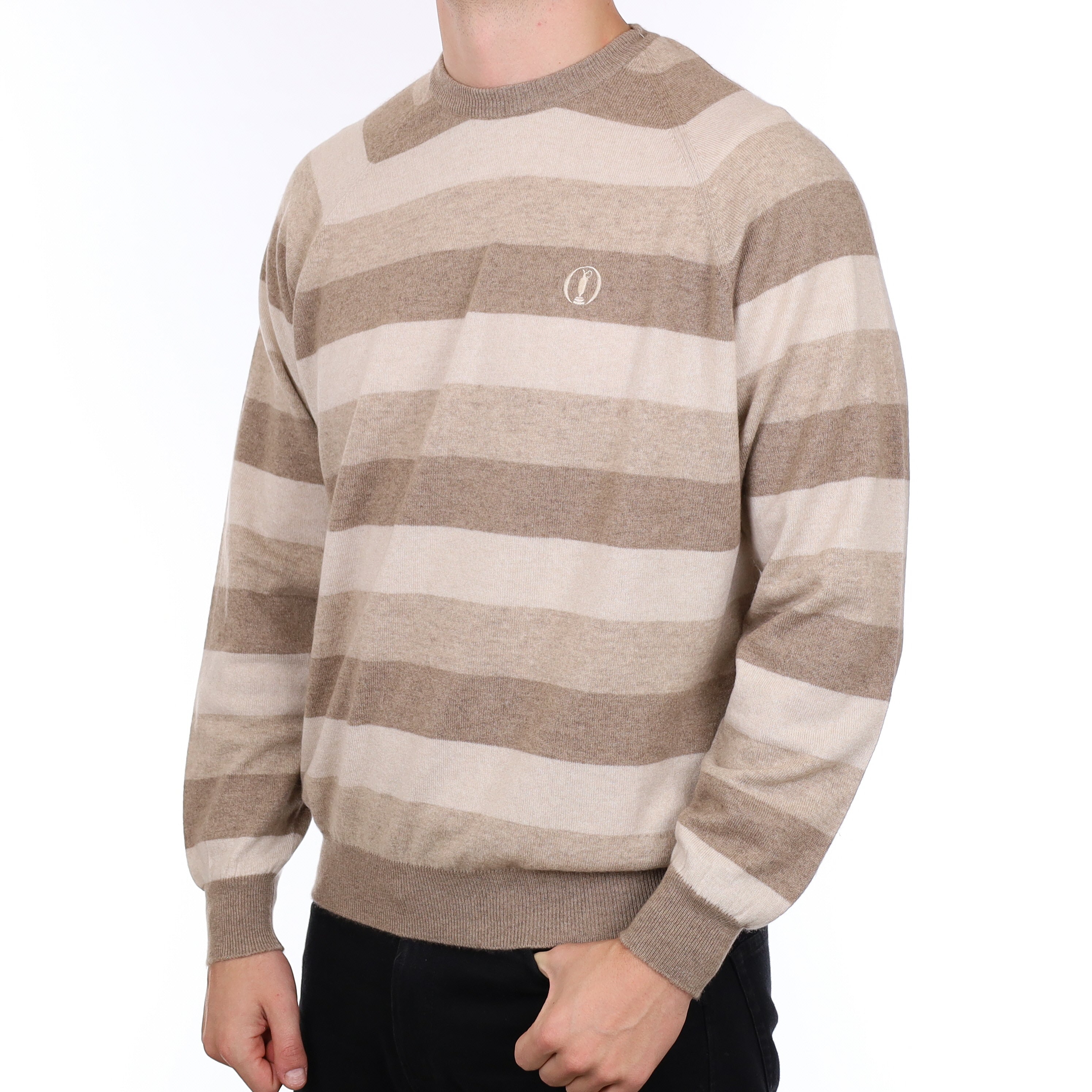 Men’s Brand New Scottish Hawico Golf Fawn Stripe Cashmere Crew Neck Jumper XXL