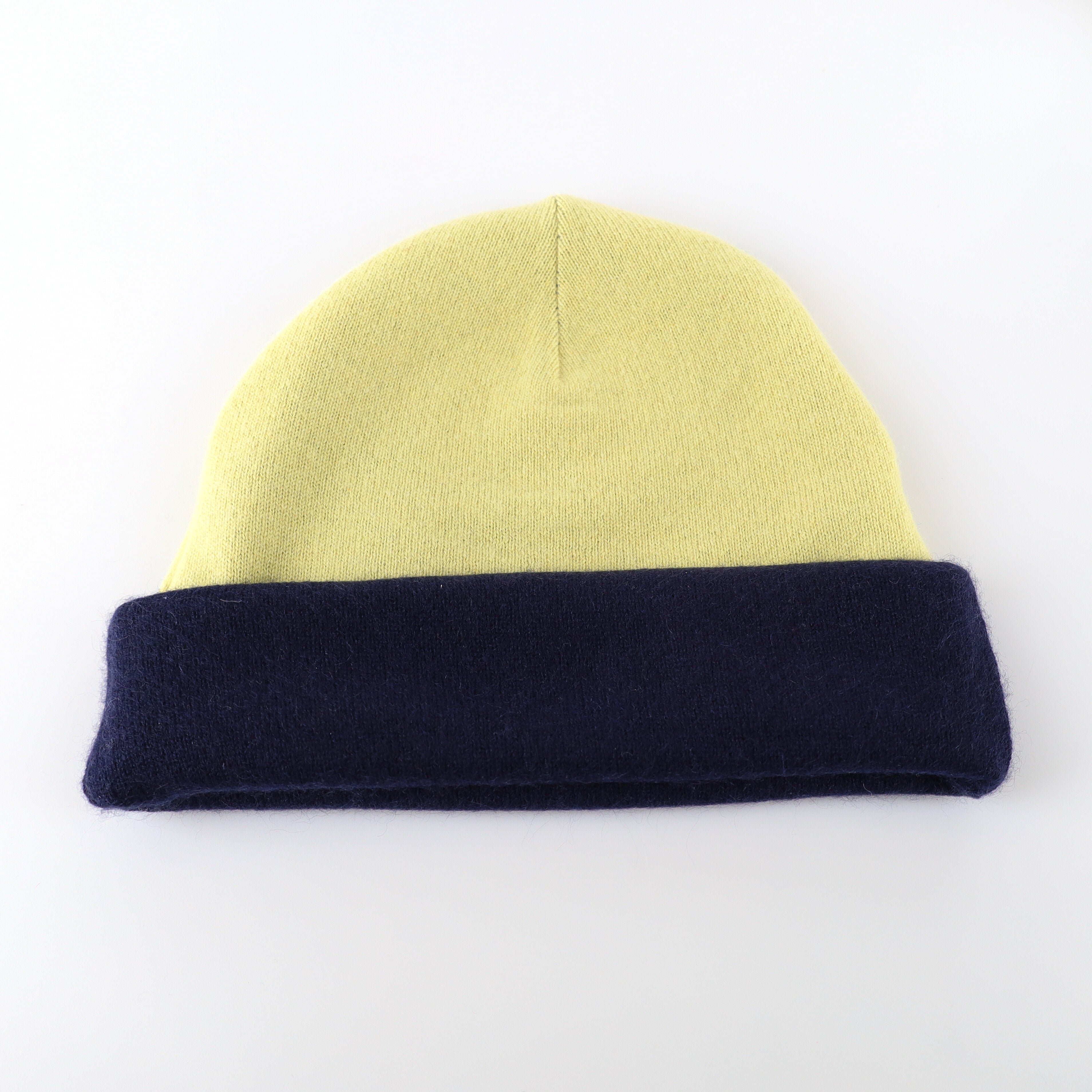 Navy and Primrose Yellow Reversible Cashmere Beanie Hat