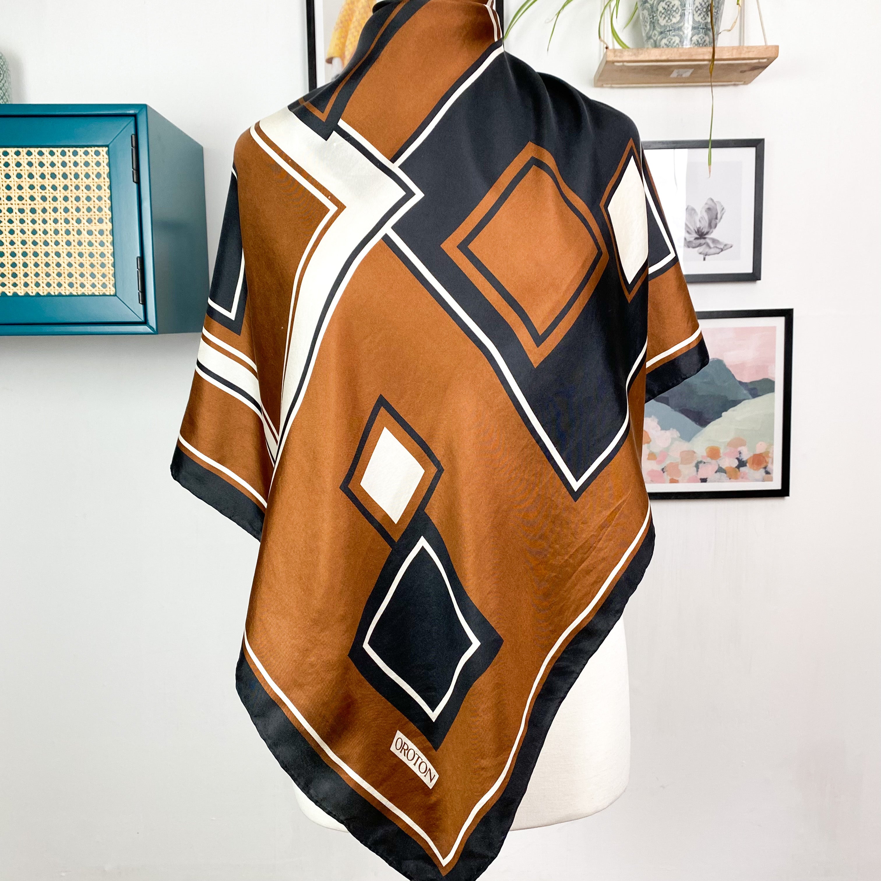 Oroton 1970s Geometric Vintage Silk Scarf