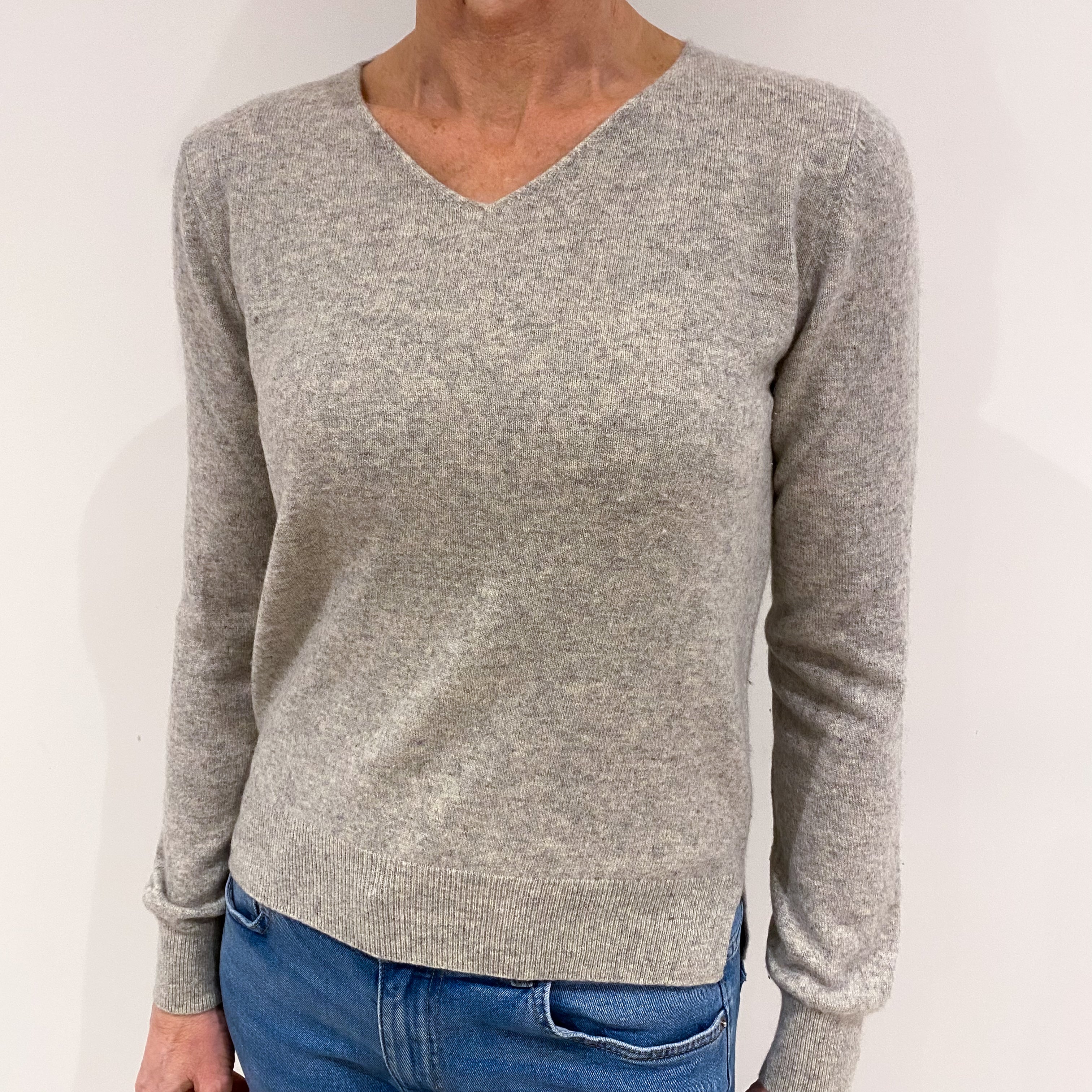 Smoke Grey Cashmere V Neck with Split Hem Jumper Small