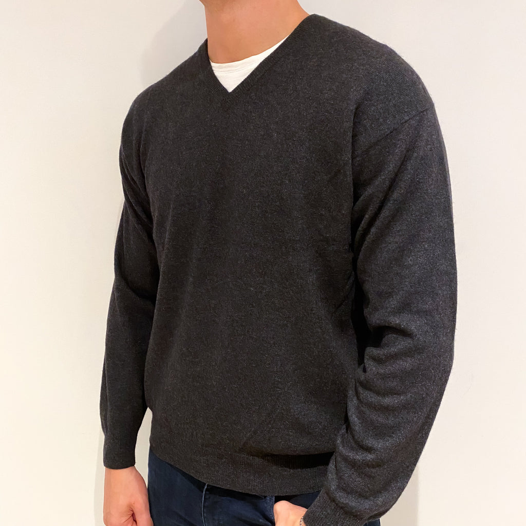Men's Charcoal Grey Cashmere V-Neck Jumper Extra Extra Large
