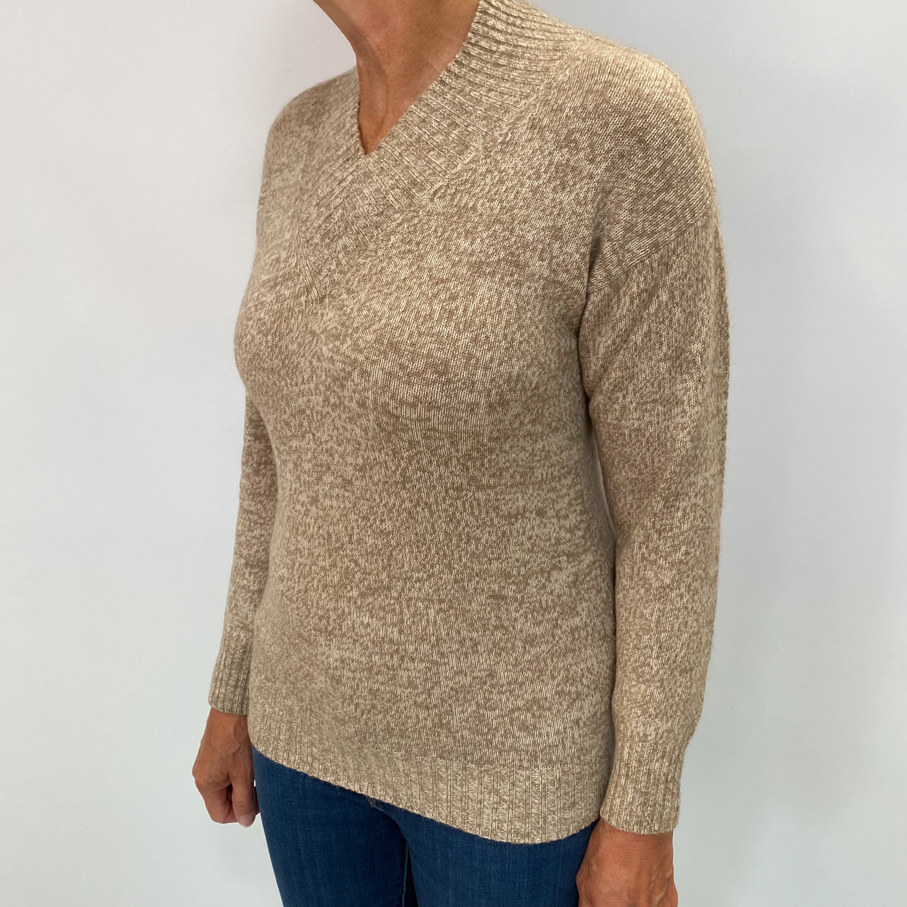 Fawn Beige Marl Cashmere V Neck Jumper Medium