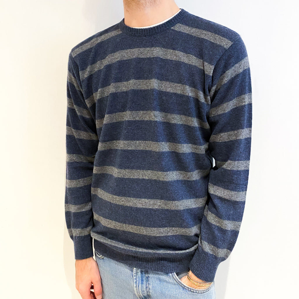 Men's Denim Blue And Grey Stripe Cashmere Crew Neck Jumper Large