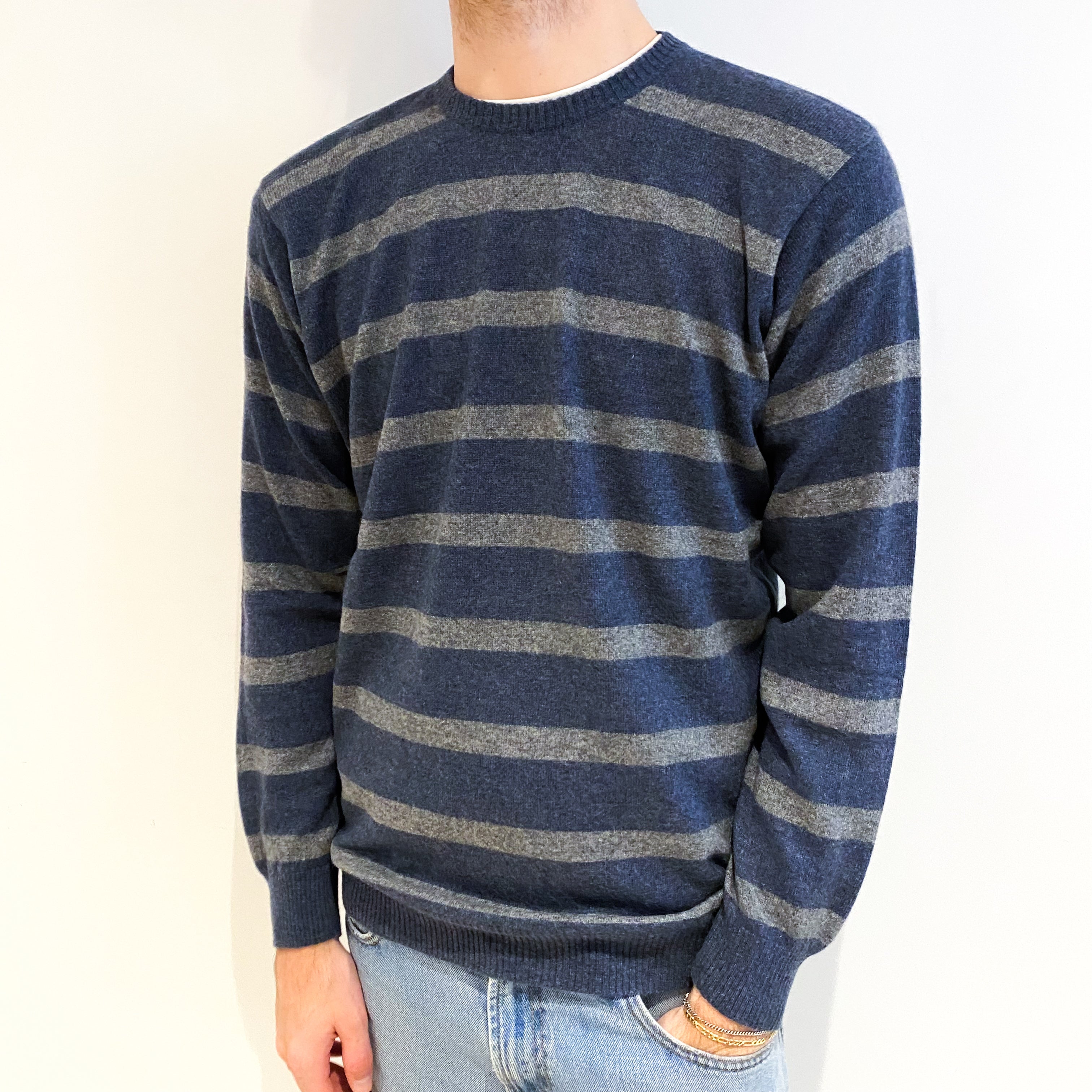 Men's Denim Blue And Grey Stripe Cashmere Crew Neck Jumper Large
