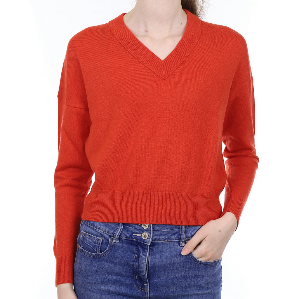 Vermillion Orange Cashmere Slouchy V Neck Jumper Extra Small