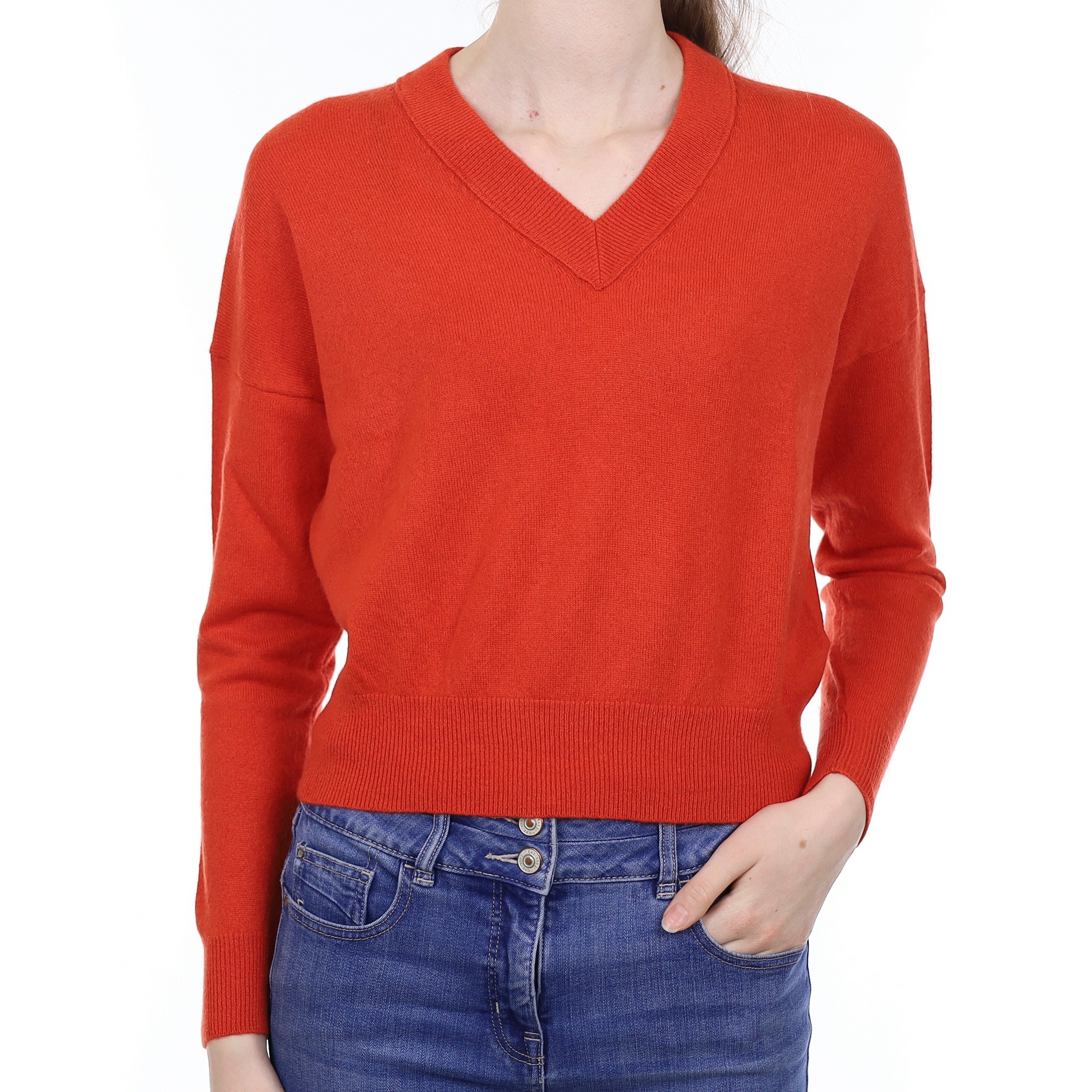 Vermillion Orange Cashmere Slouchy V Neck Jumper Extra Small