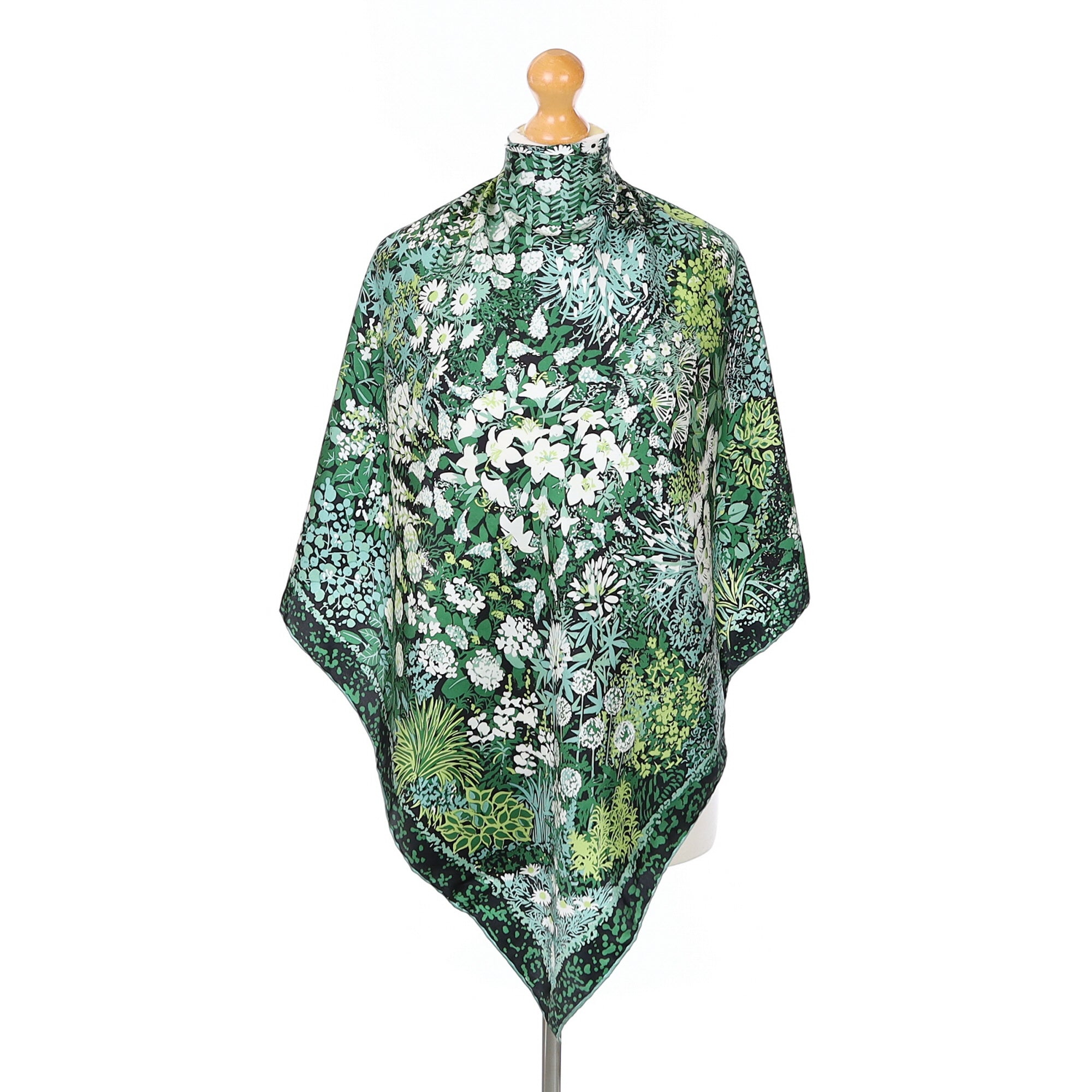 Green and White Botanical Vintage Silk Scarf