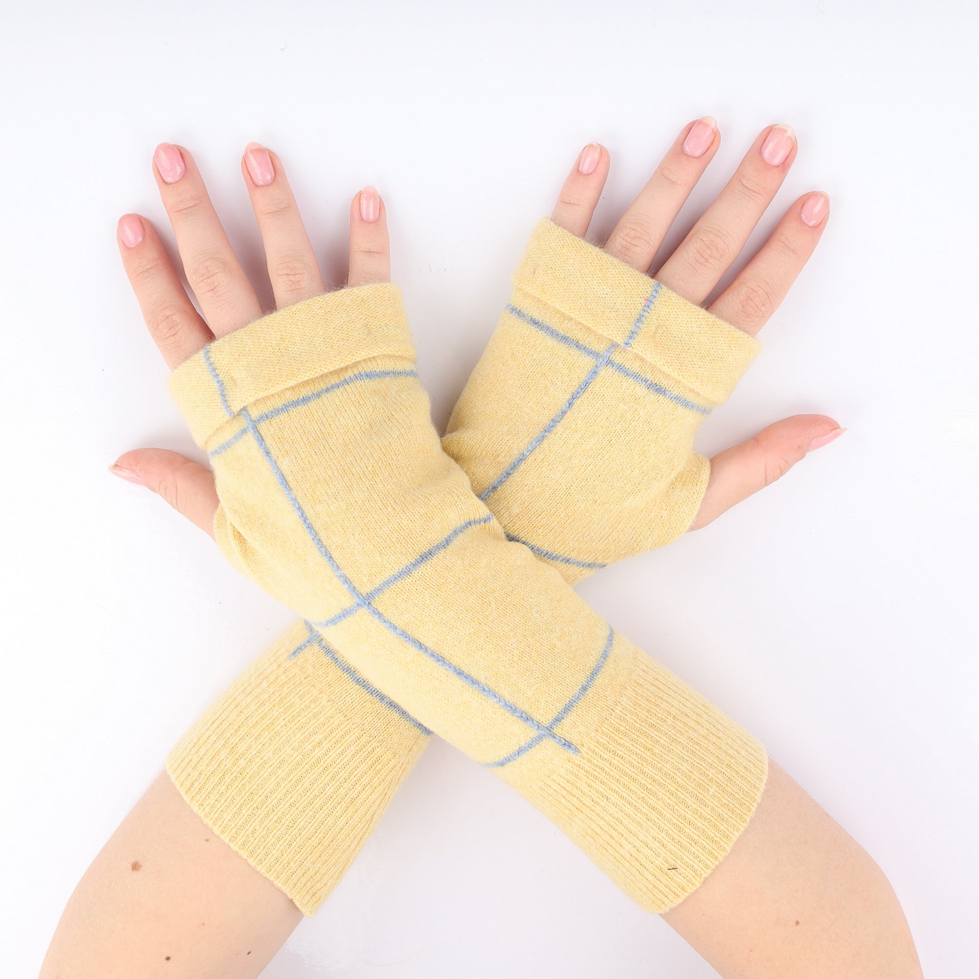 Yellow and Blue Chequered Fingerless Gloves