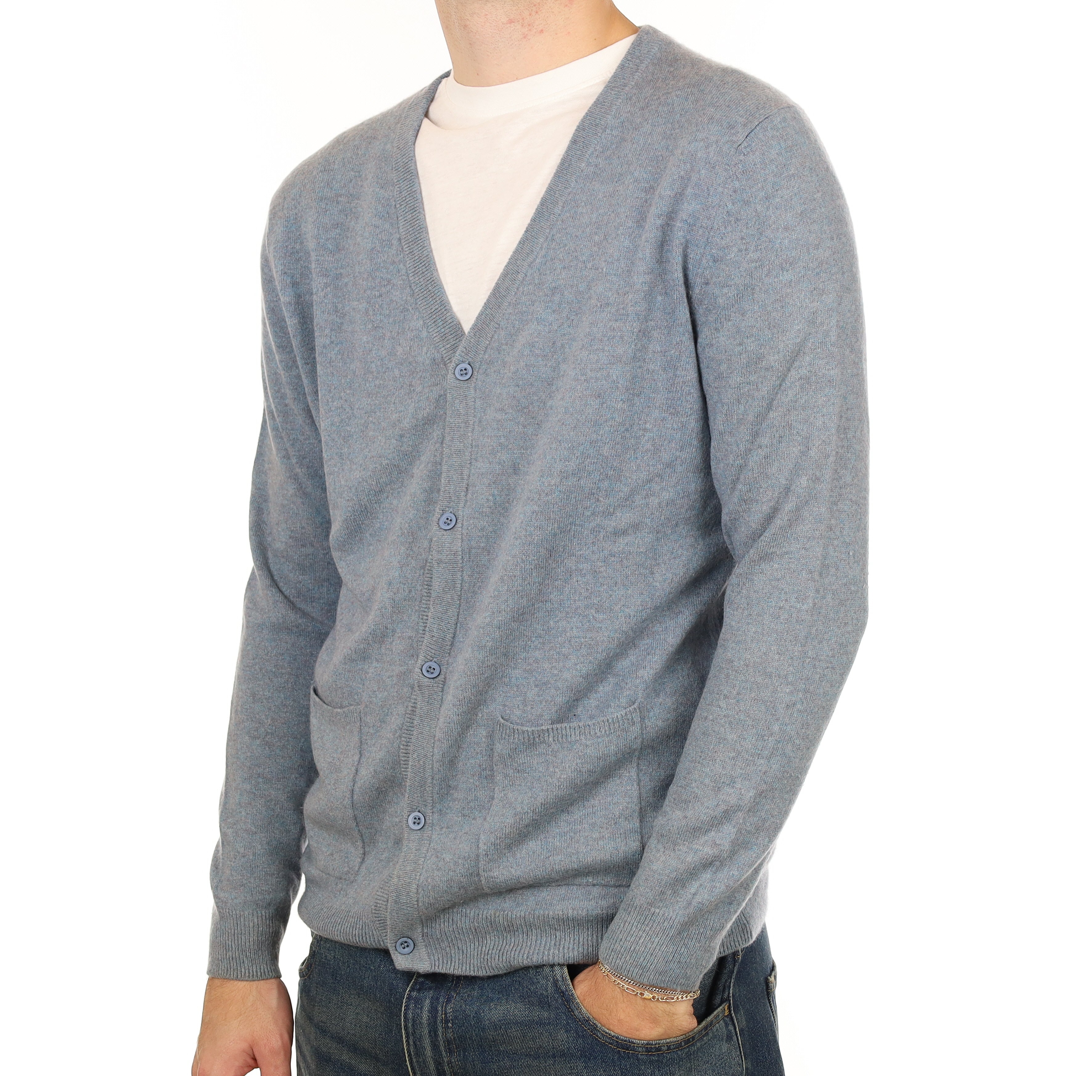 Men’s Dusky Blue Marl Cashmere V Neck Cardigan with Pockets Large