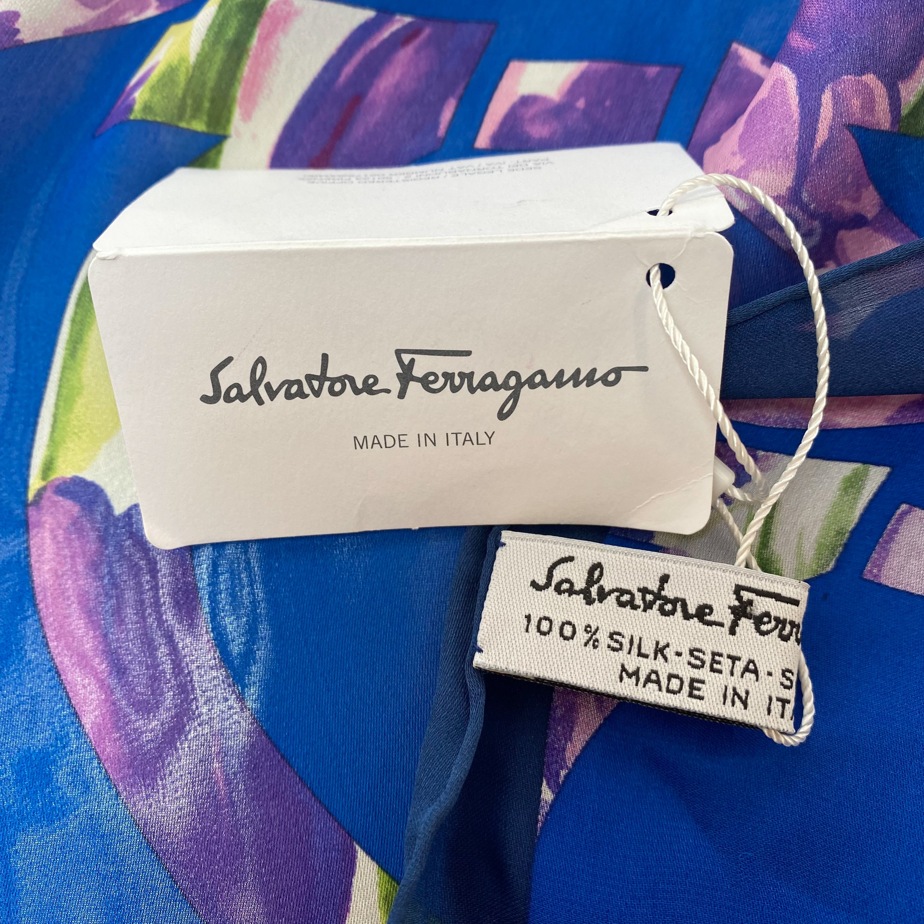 Salvadore Ferragamo Designer Blue Abstract Silk Scarf