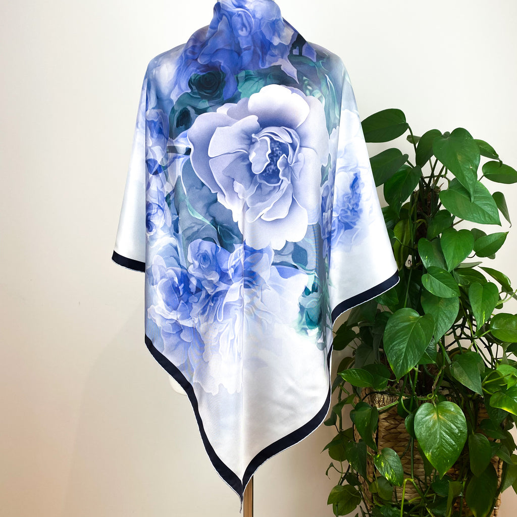Vakko Blue Floral Silk Scarf
