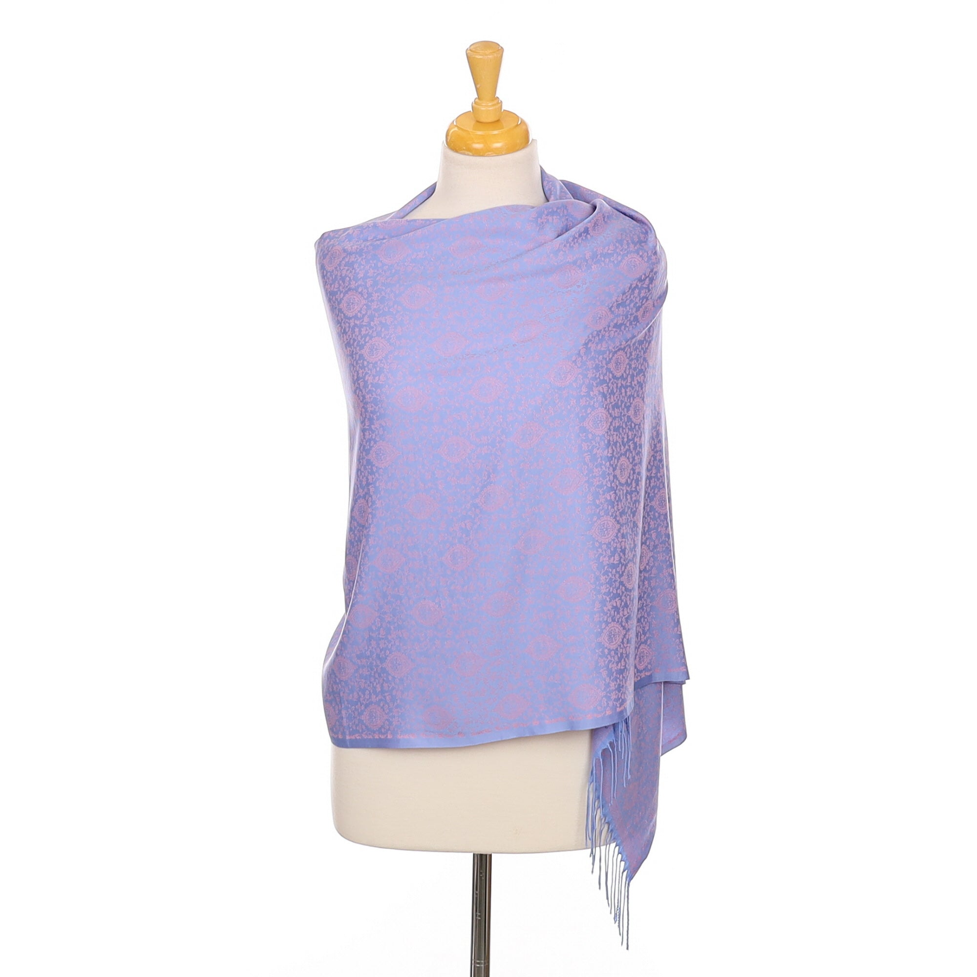 Cornflower Blue and Pink Tassled Silk Wrap Scarf