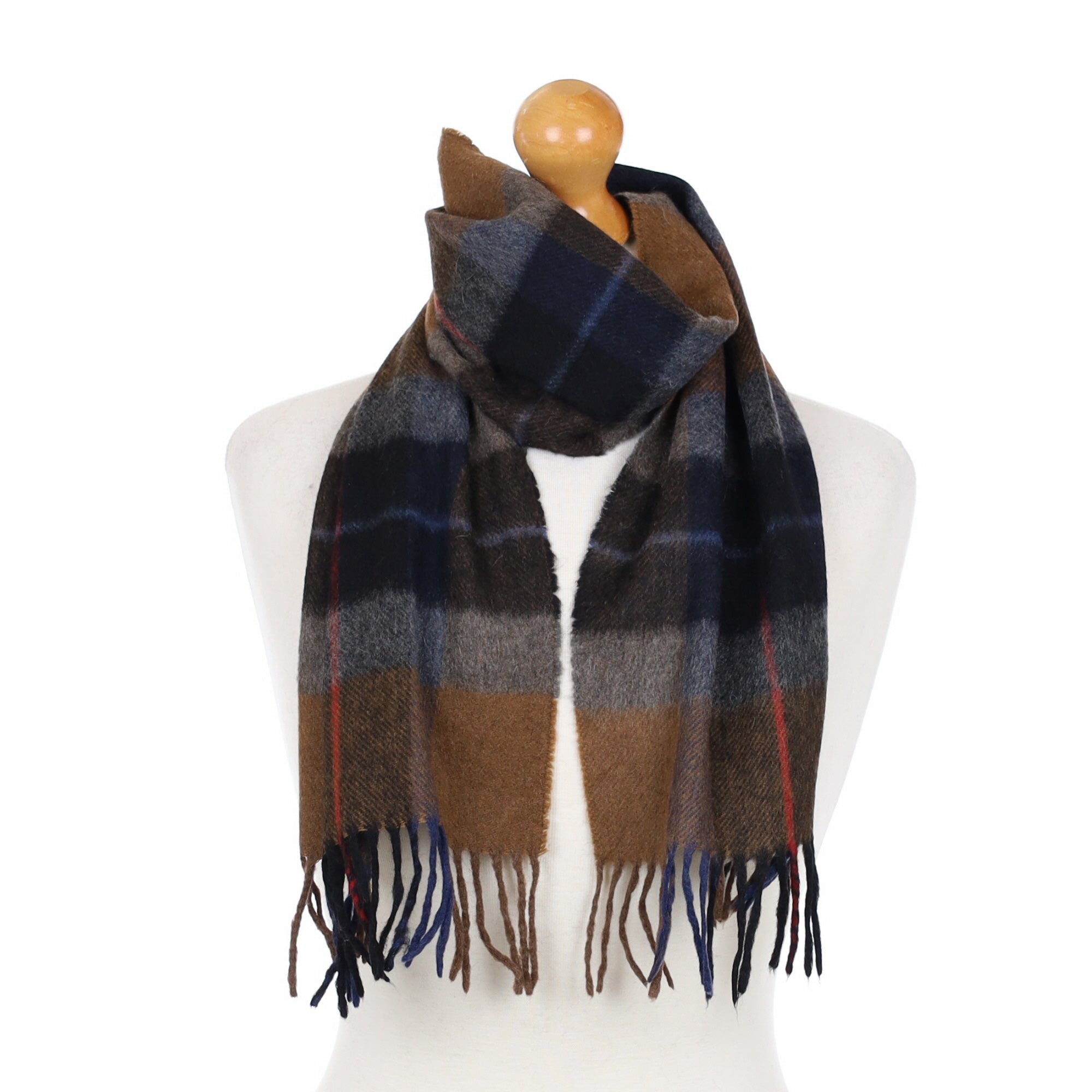 Chestnut and Blue Check Cashmere Fringed Woven Scarf