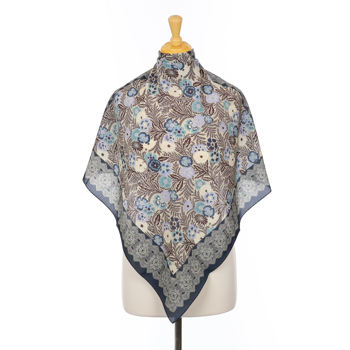 Immaculate Italian Blue and Brown Floral Silk Scarf
