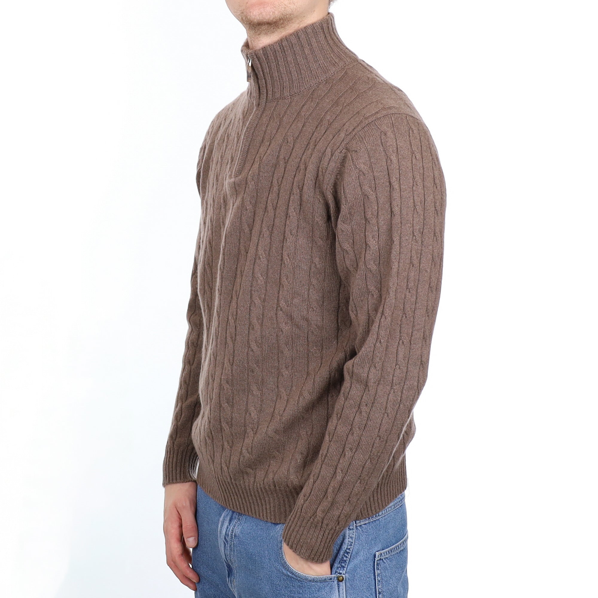 Men’s Scottish William & Son Mocha Cable Cashmere 1/4 Zip Jumper Large