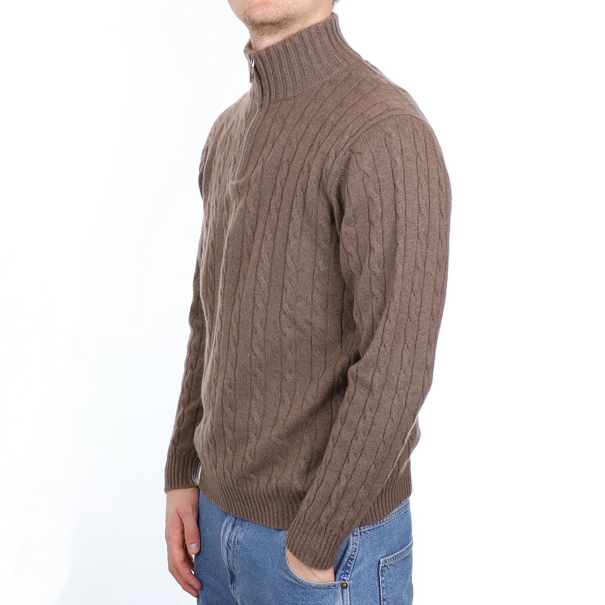 Men’s Scottish William & Son Mocha Cable Cashmere 1/4 Zip Jumper Large