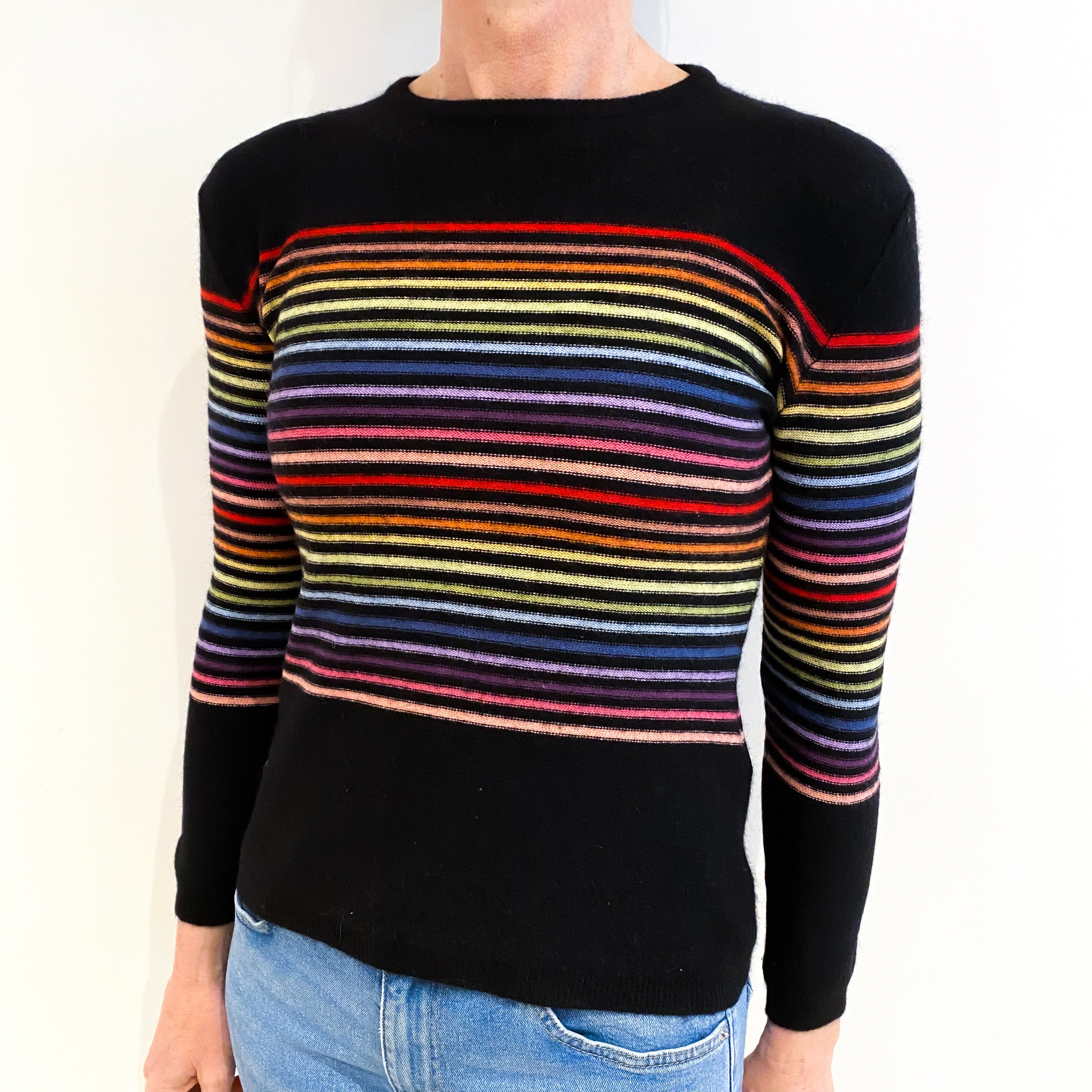 Black Rainbow Stripe Cashmere Crew Neck Jumper Small
