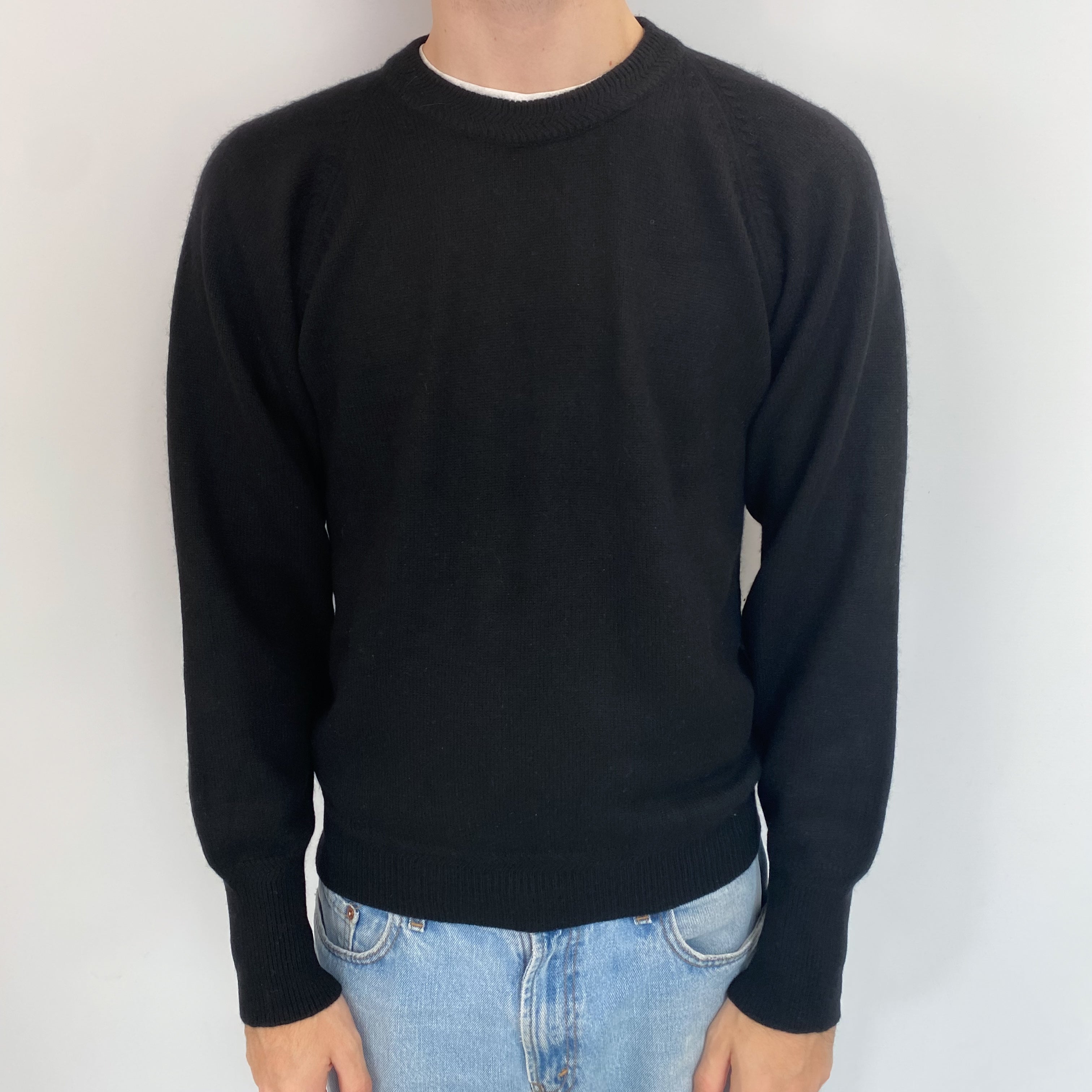 Men's Black Cashmere Crew Neck Jumper Medium