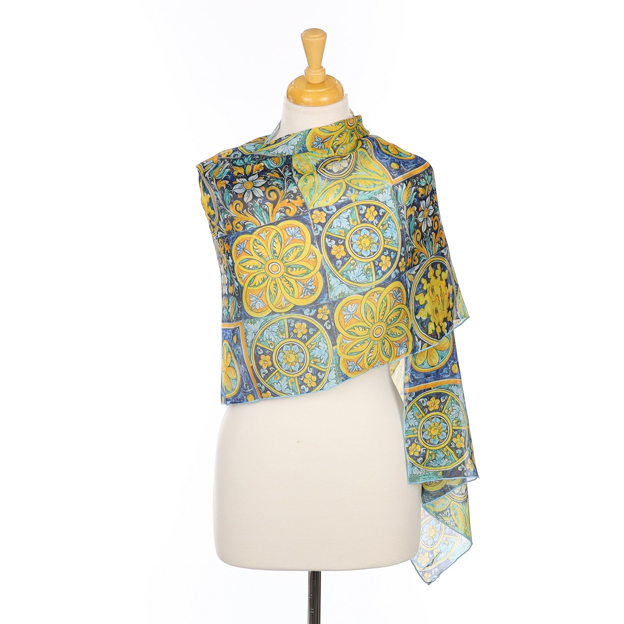Brand New Blue and Yellow Patterned Silk Scarf