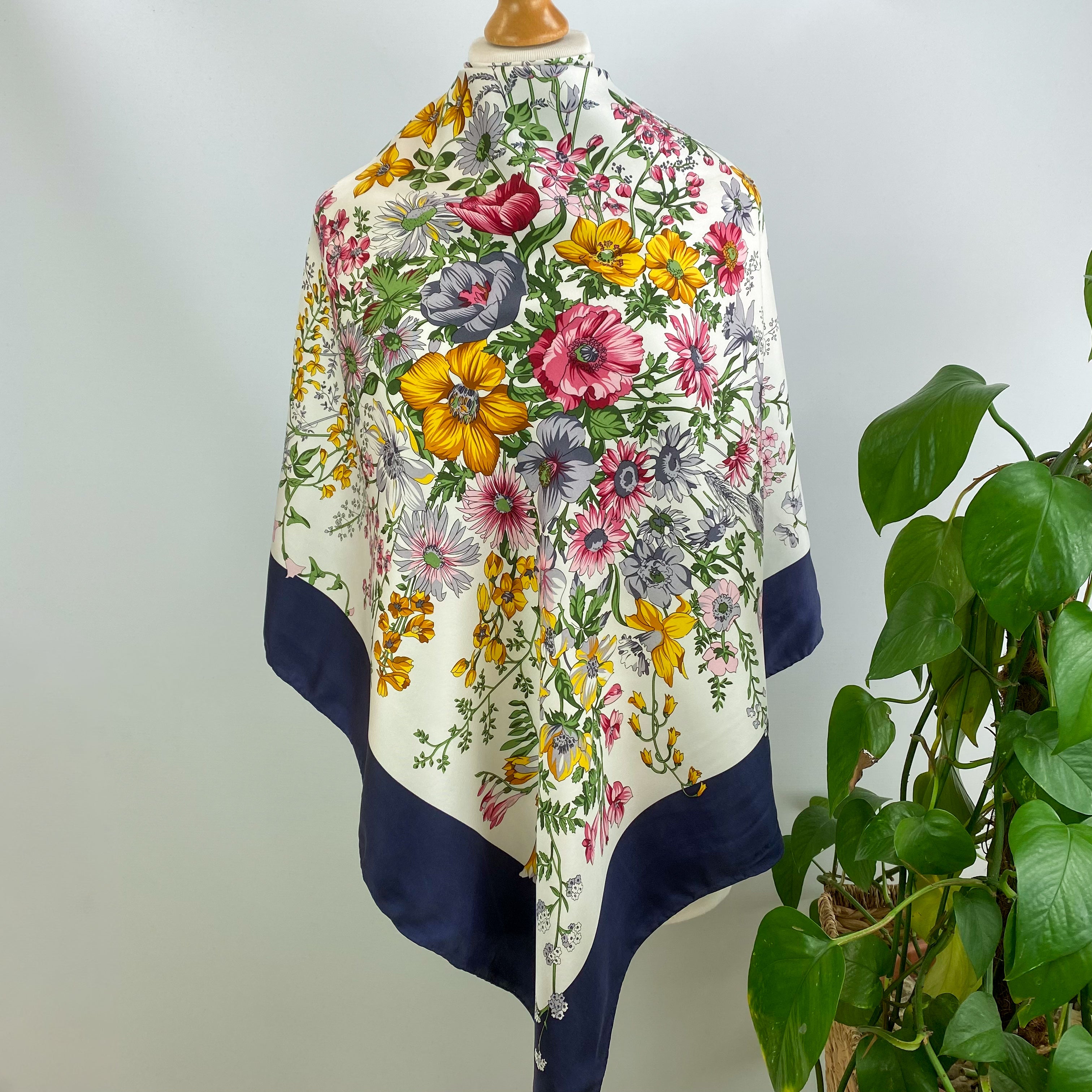 Pierre Cardin Floral and Navy Silk Scarf