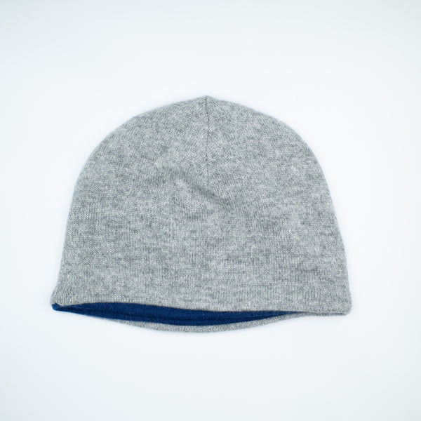 Mid Grey and French Navy Cashmere Beanie Hat