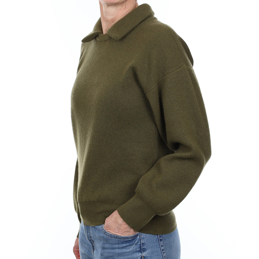 Brand New Scottish Khaki Green Heavy Knit Cashmere Collared Crew Neck Jumper Small