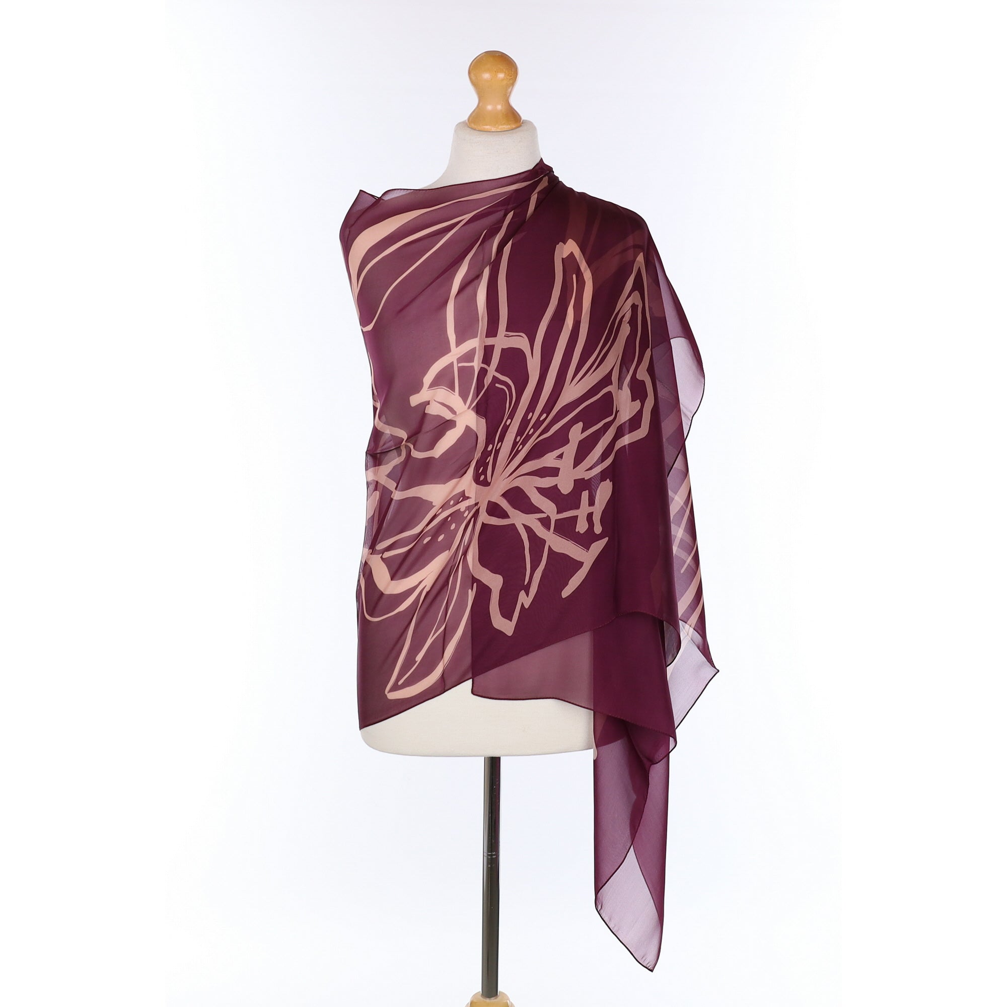 Brand New Italian Purple Abstract Floral Silk Wrap