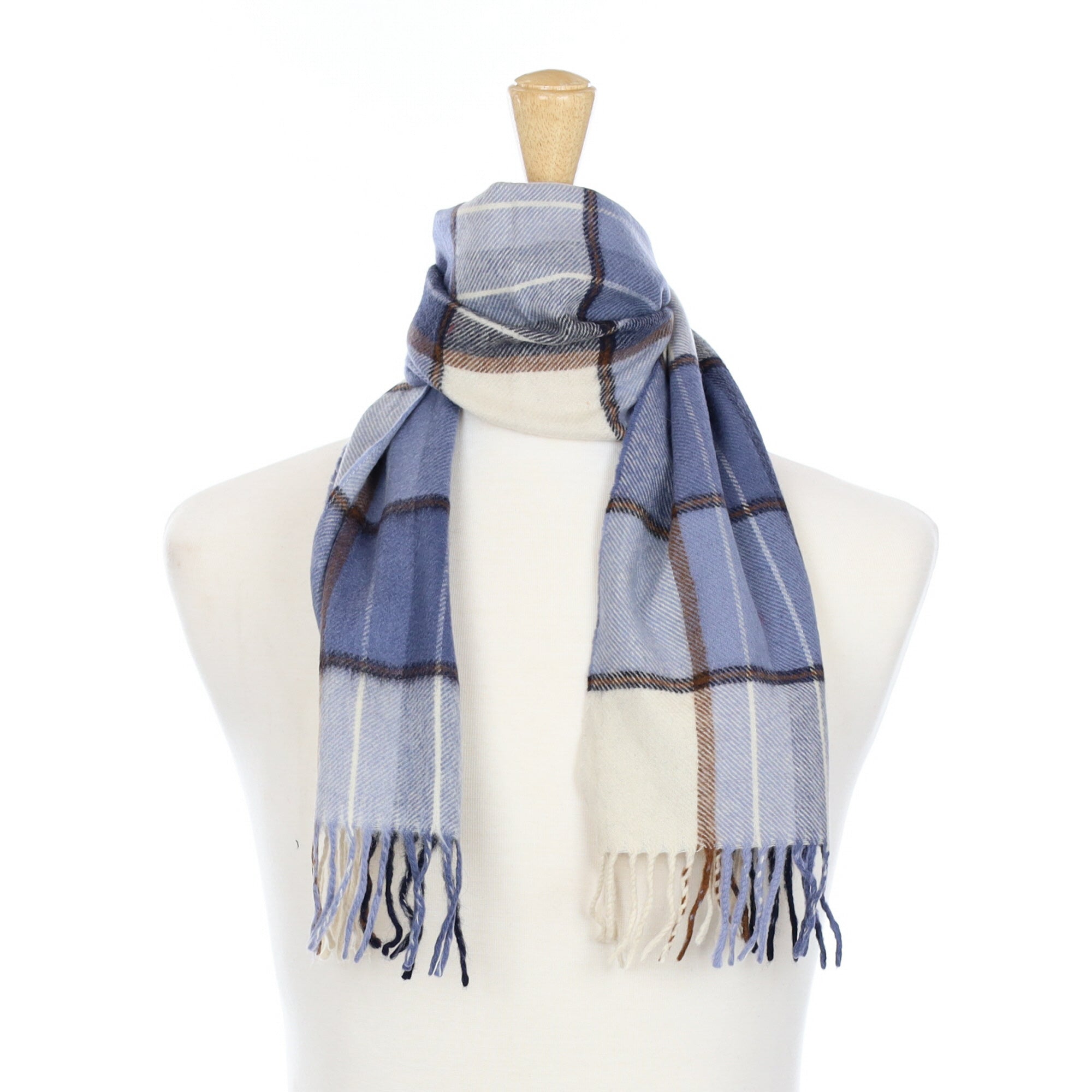 Denim Blue Checked Cashmere Fringed Woven Scarf