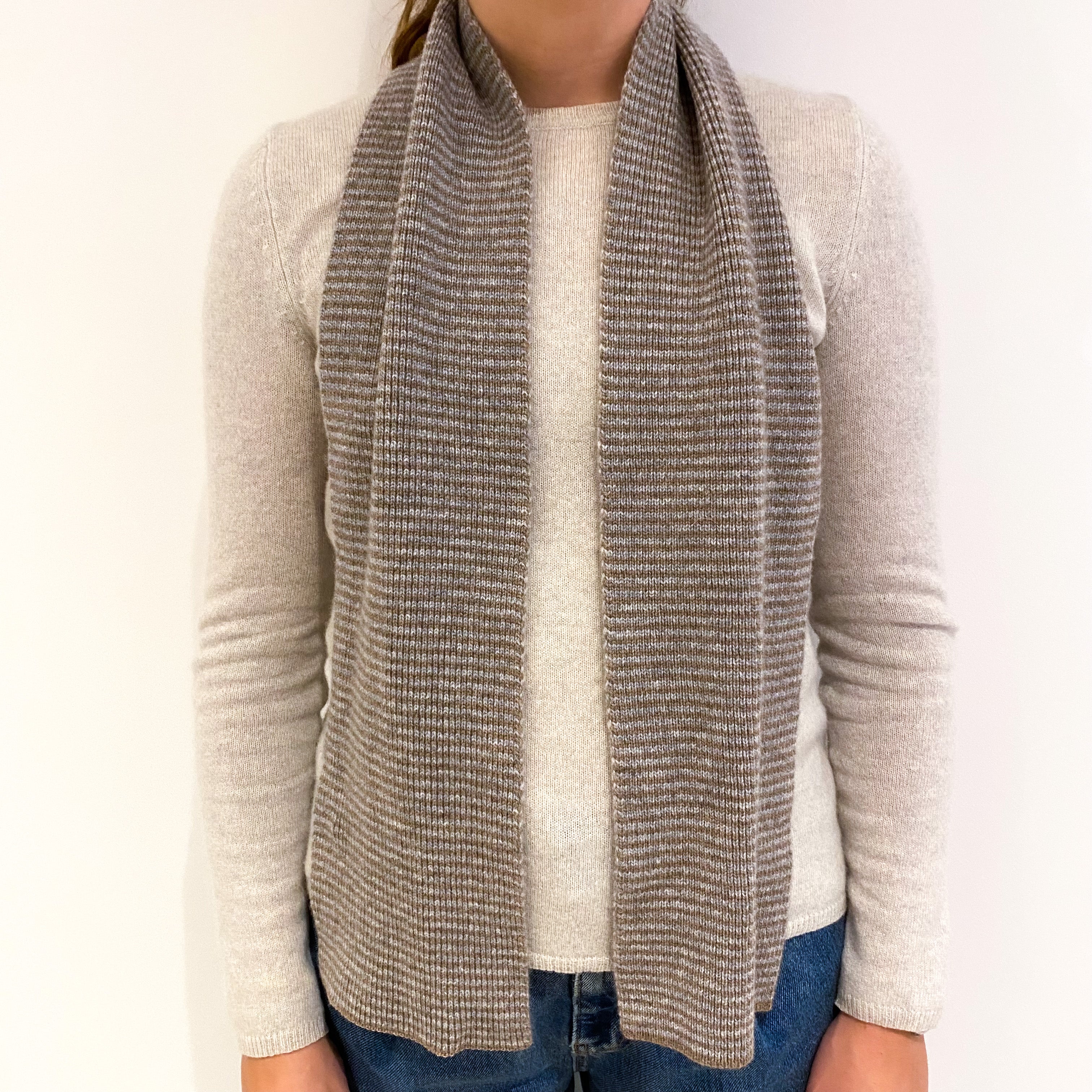 New Scottish Taupe and Grey Stripe Cashmere Scarf