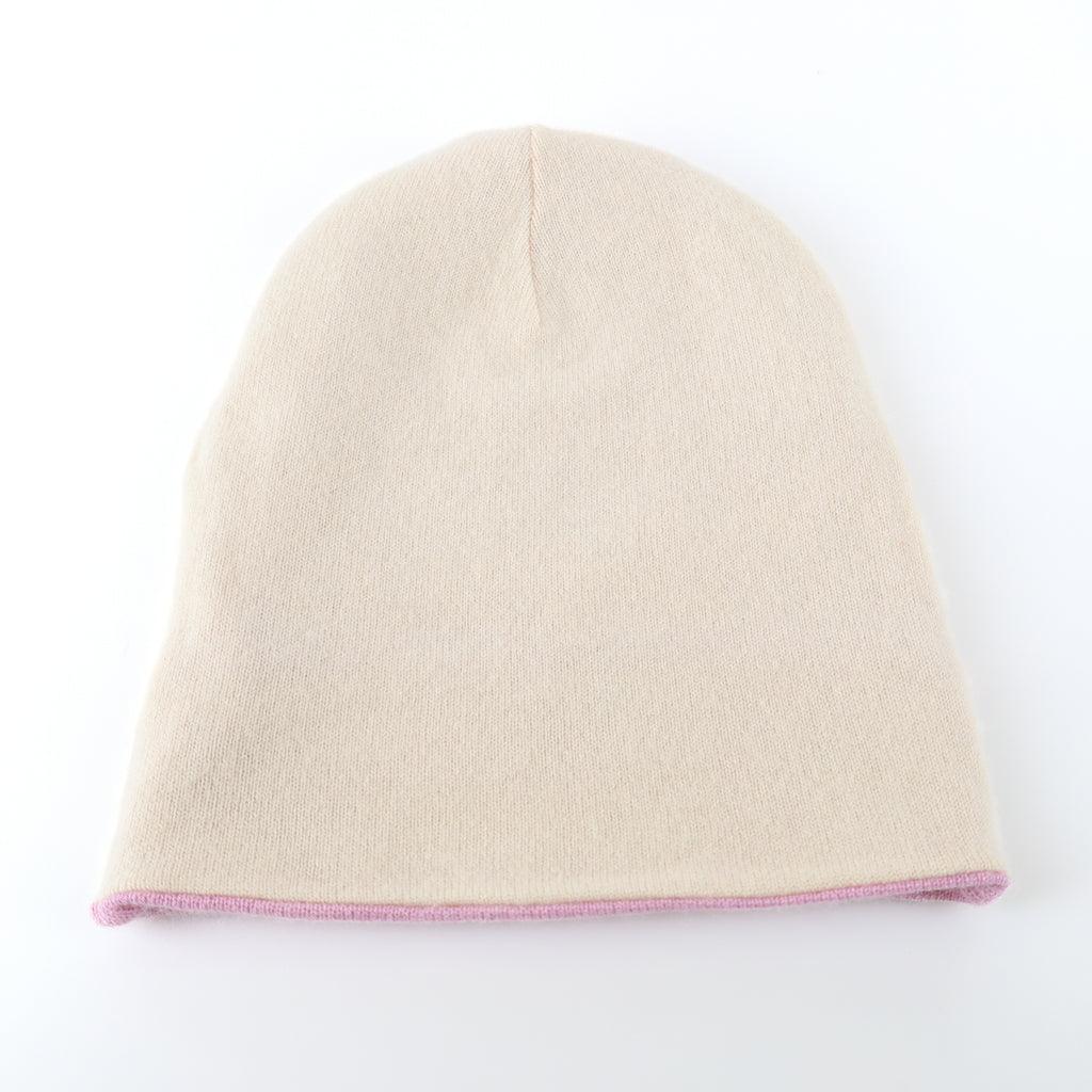 Ivory and Mauve Reversible Cashmere Beanie Hat