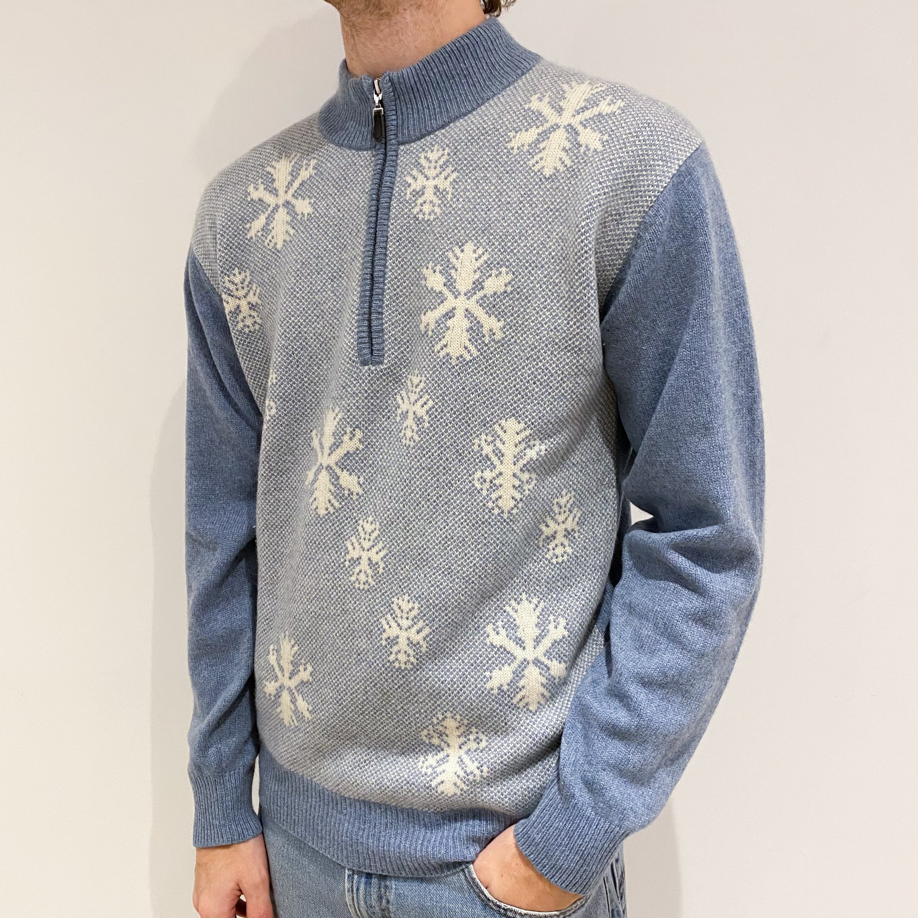 Men’s Denim Blue Snowflake 1/4 Zip Jumper Large