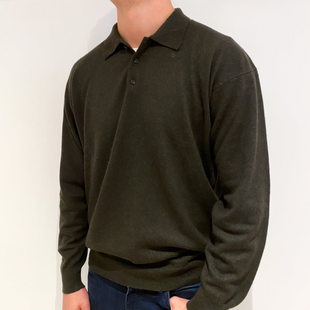 Men's Deep Khaki Brown Cashmere 1/4 Button Jumper Extra Extra Large