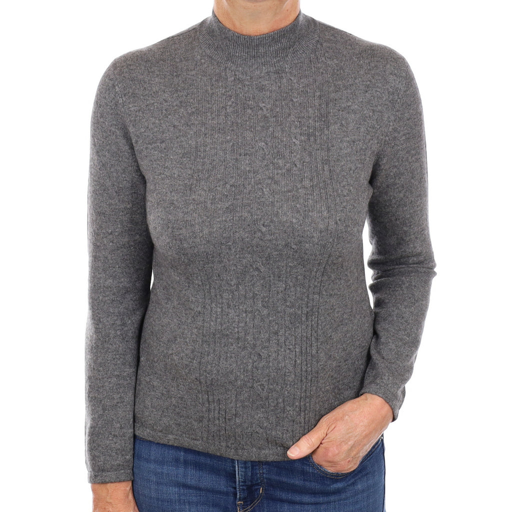 Slate Grey Cable Front Cashmere Turtle Neck Jumper Medium