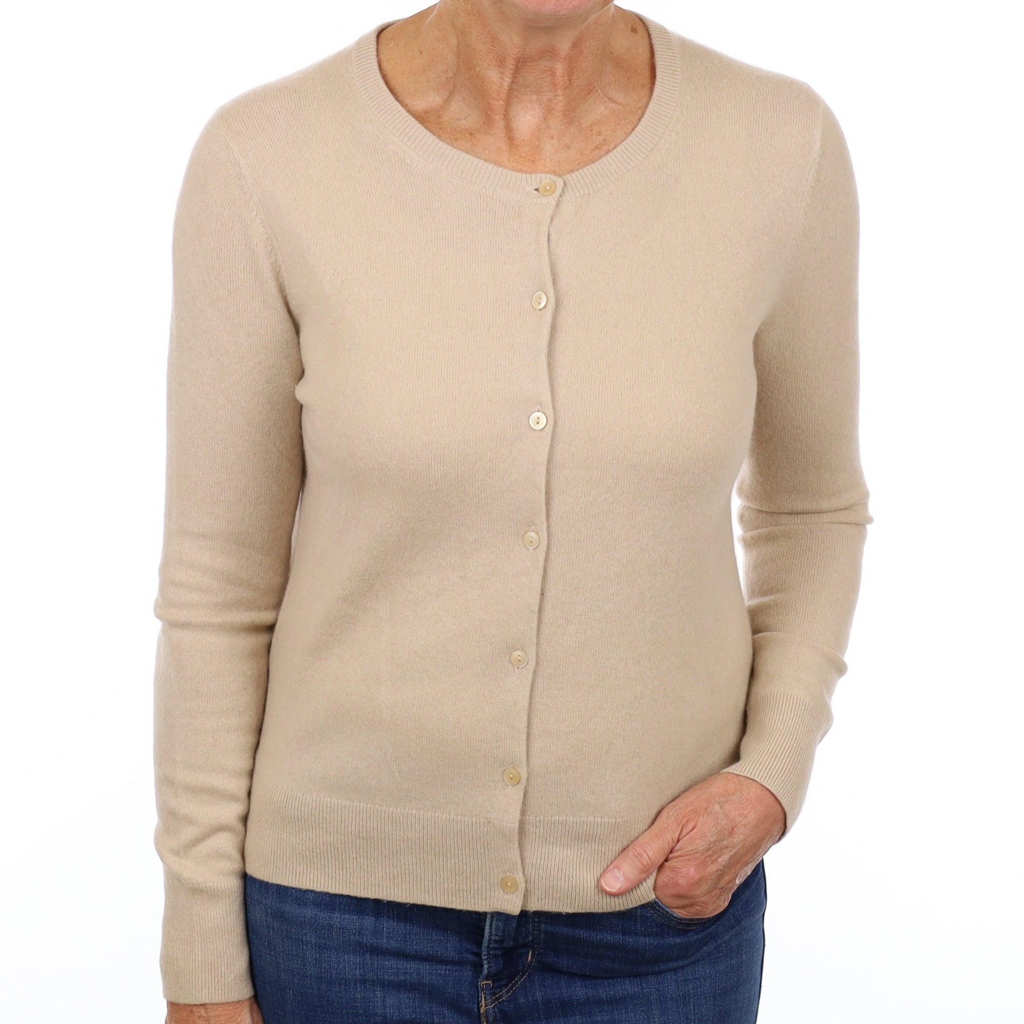 Beige Cashmere Crew Neck Cardigan Medium