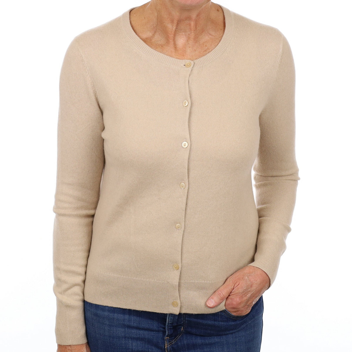Beige Cashmere Crew Neck Cardigan Medium