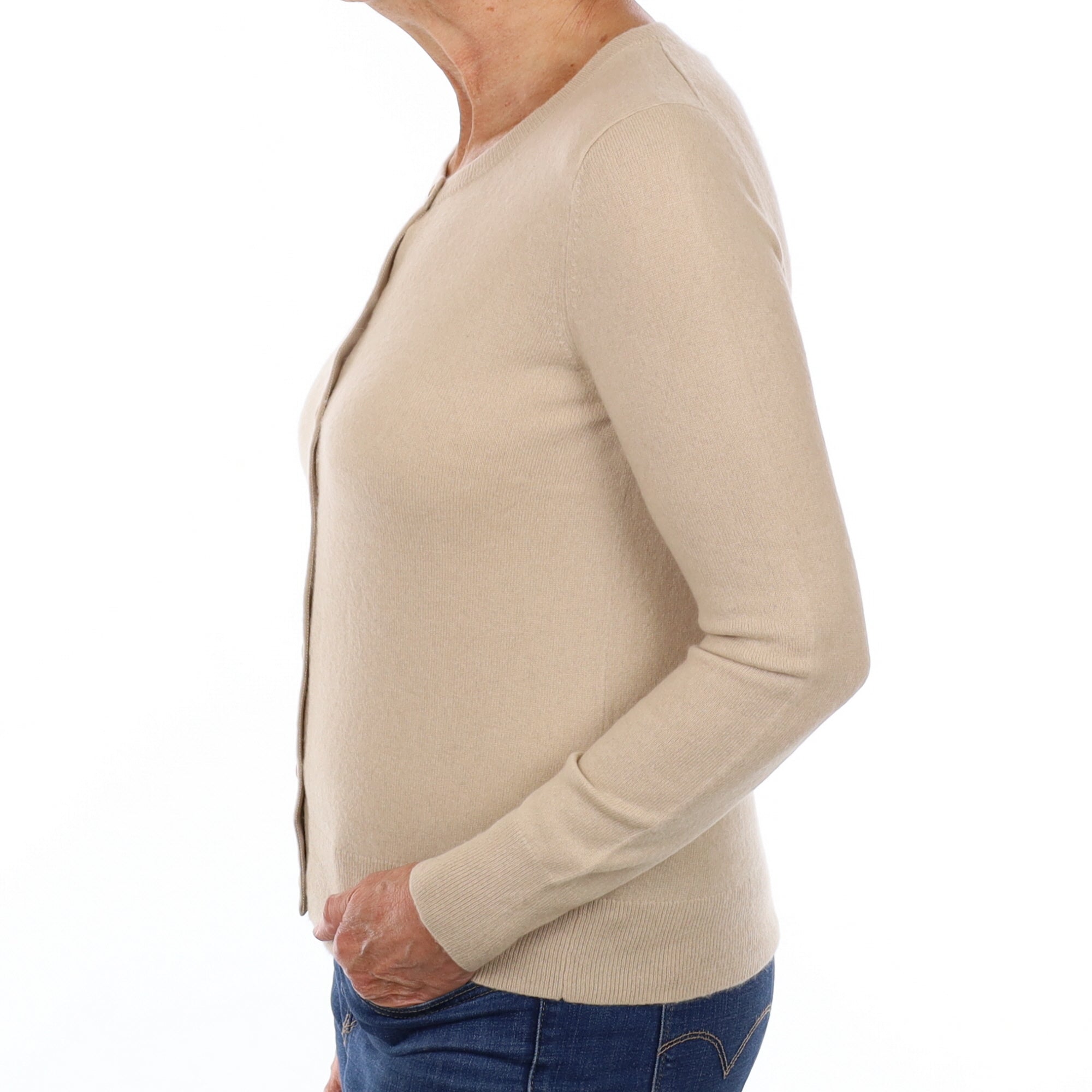 Beige Cashmere Crew Neck Cardigan Medium