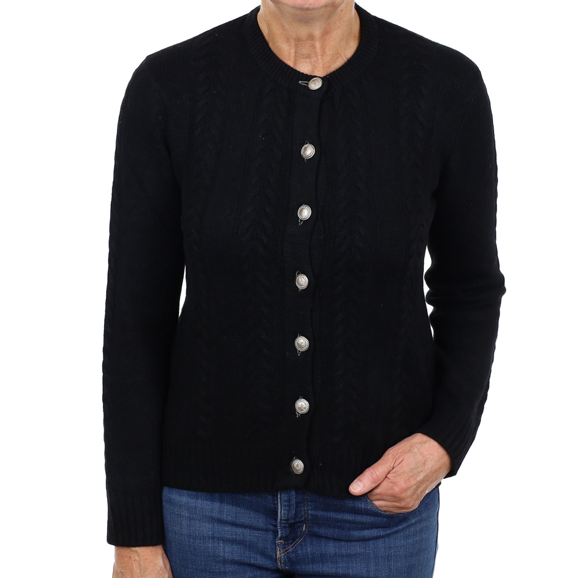 Black Cashmere Crew Neck Cable Knit Cardigan Medium