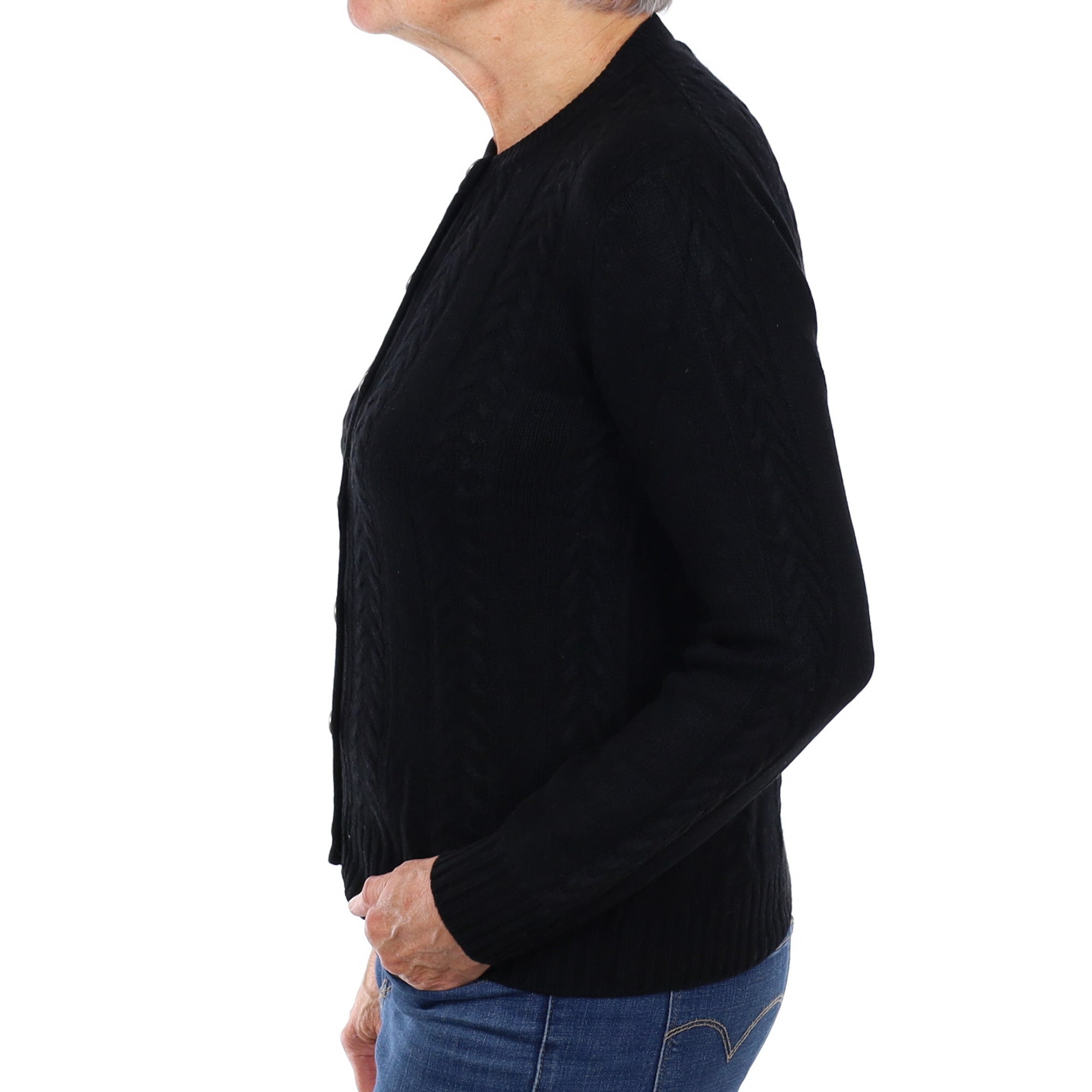 Black Cashmere Crew Neck Cable Knit Cardigan Medium