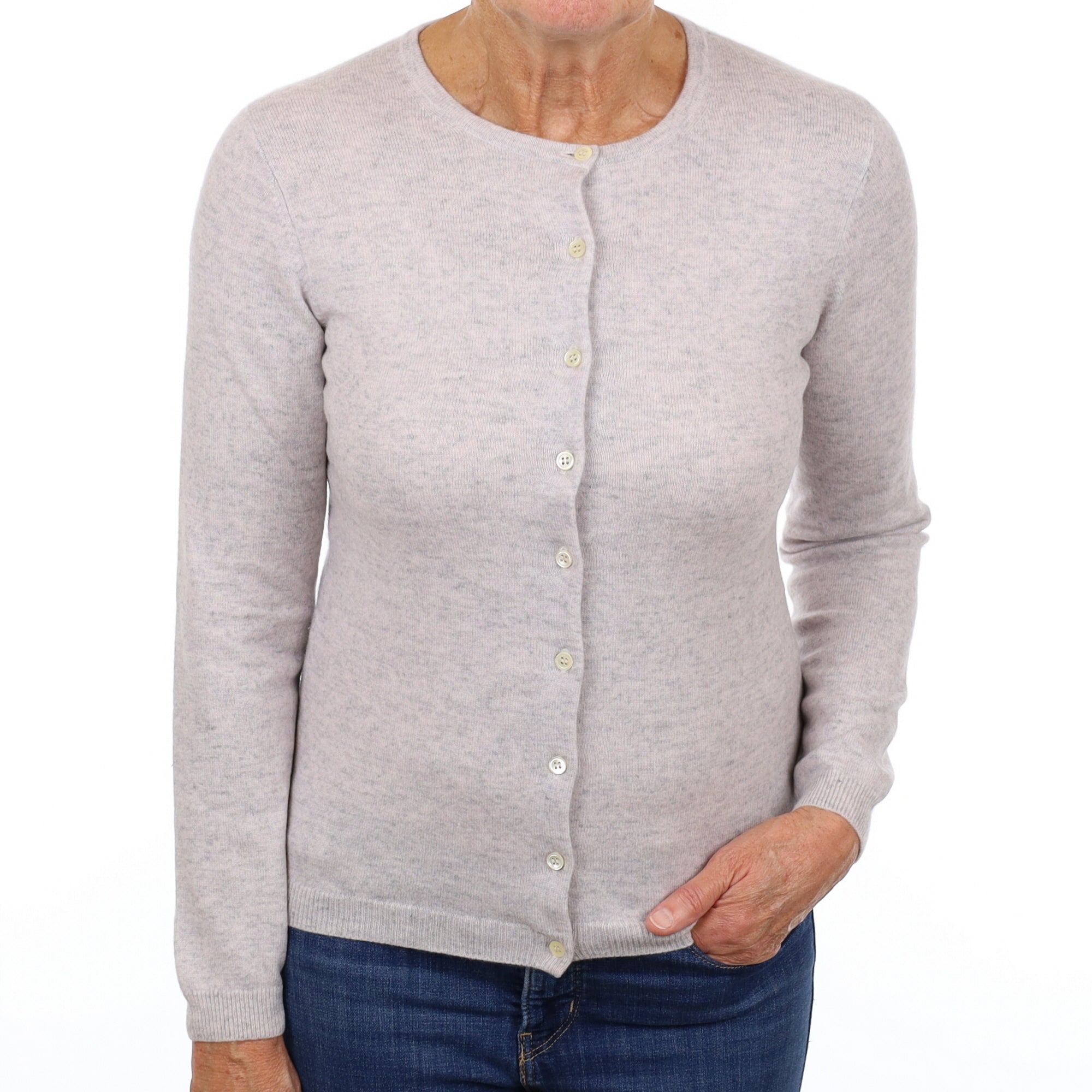 Mist Grey Marl Cashmere Crew Neck Cardigan Medium