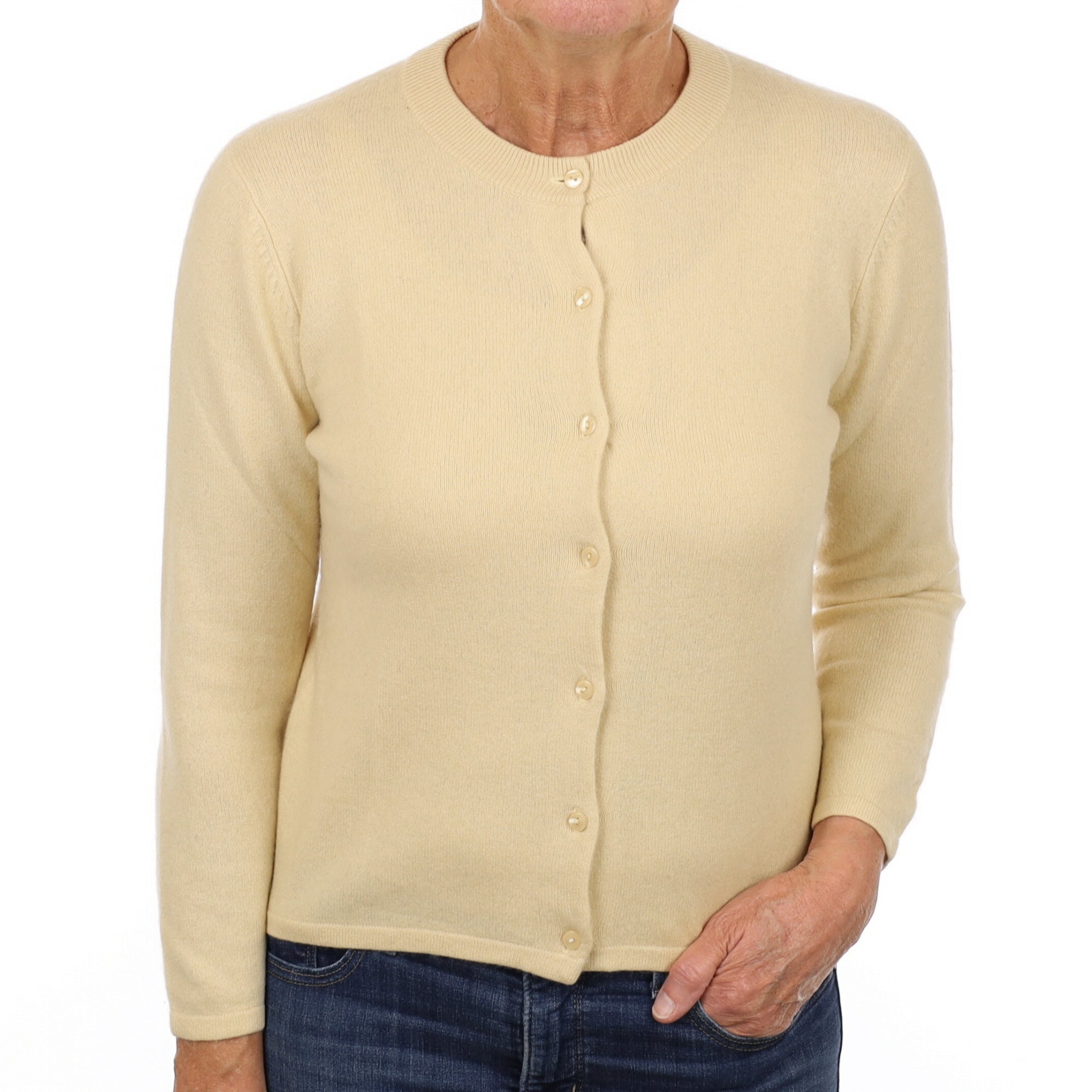 Custard Yellow Cashmere Crew Neck Cardigan Medium