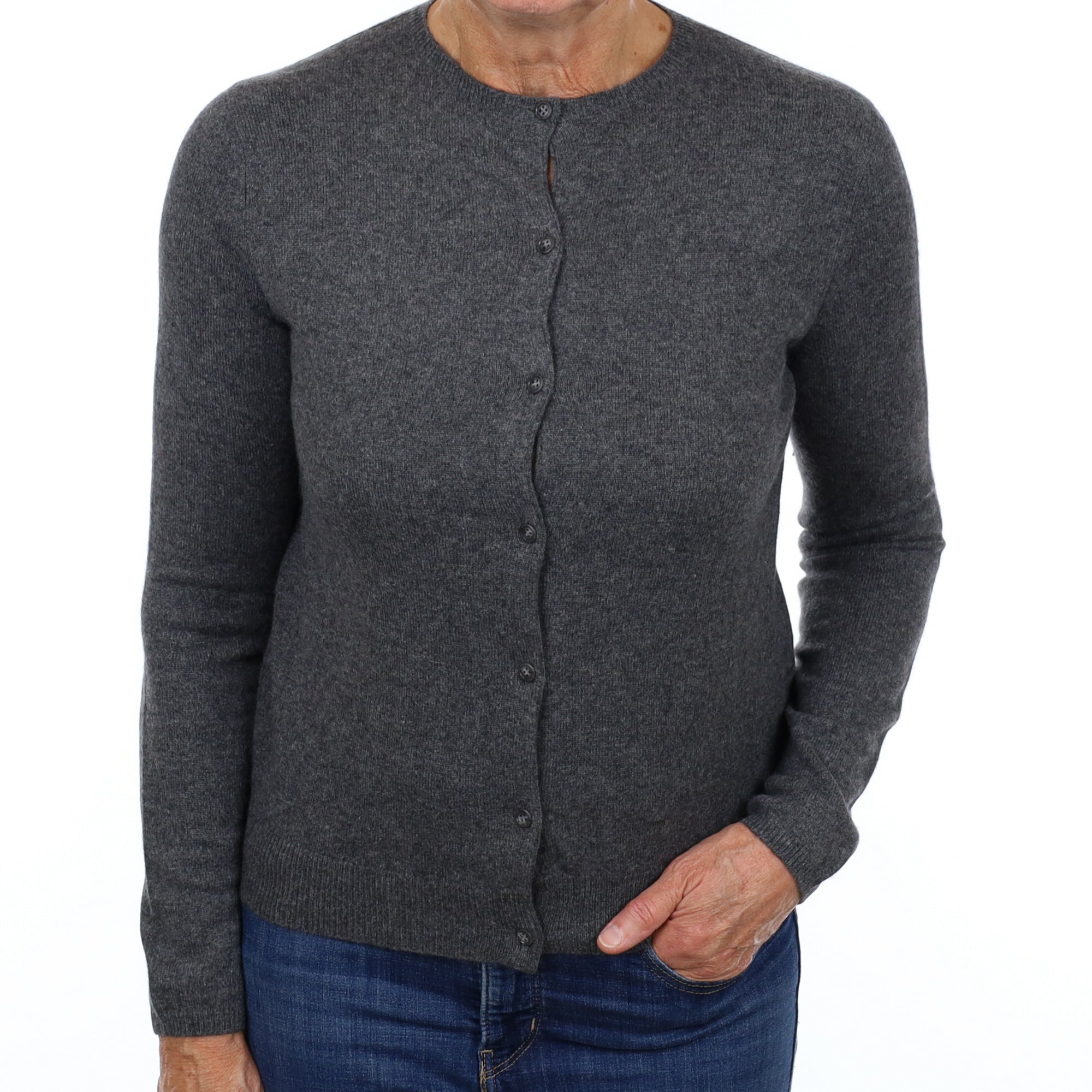 Slate Grey Cashmere Crew Neck Cardigan Medium