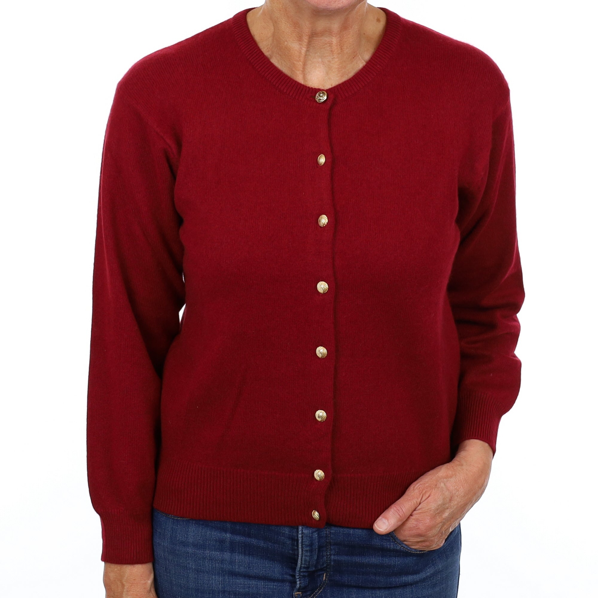 Burgundy Red Cashmere Crew Neck Cardigan Medium