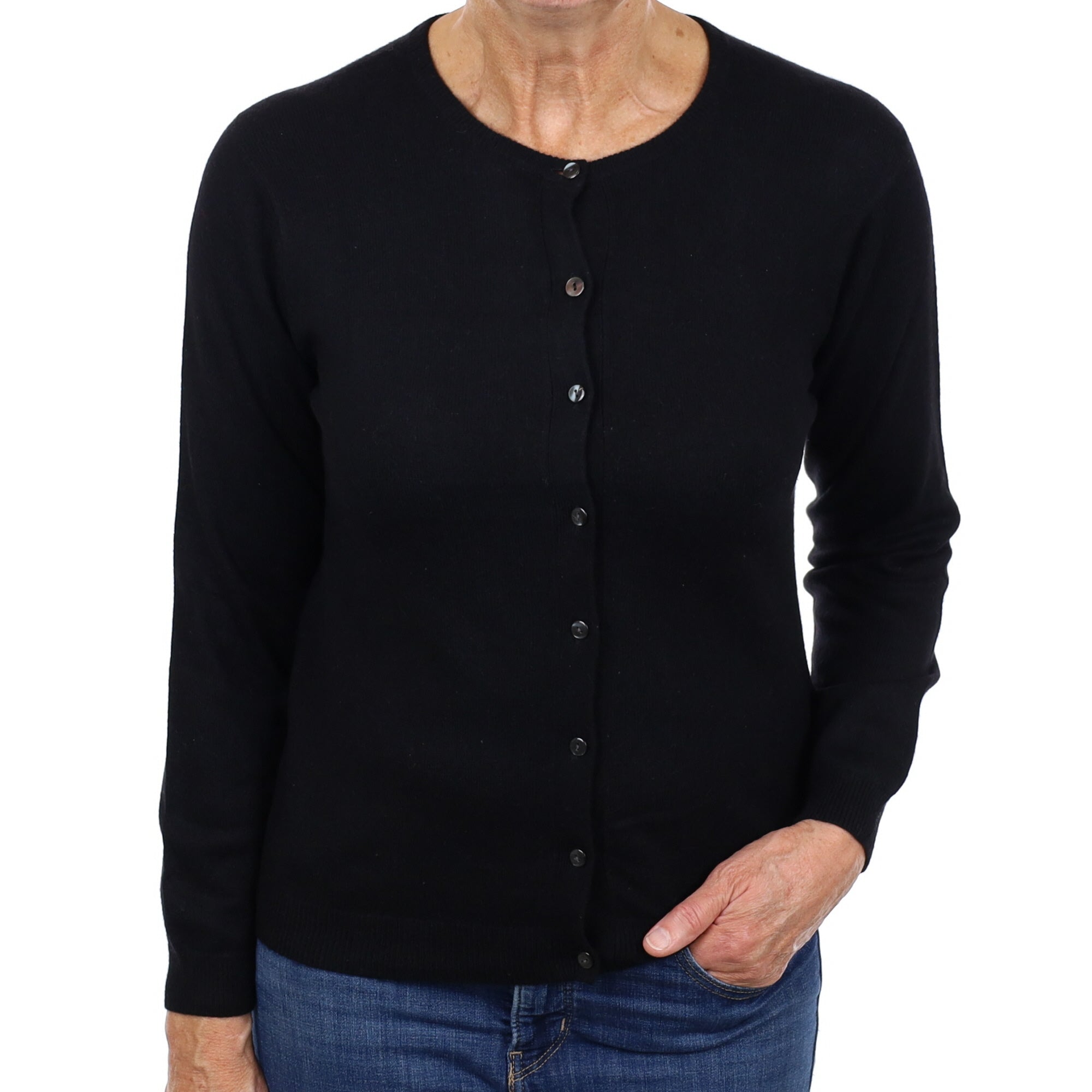 Black Cashmere Crew Neck Cardigan Medium
