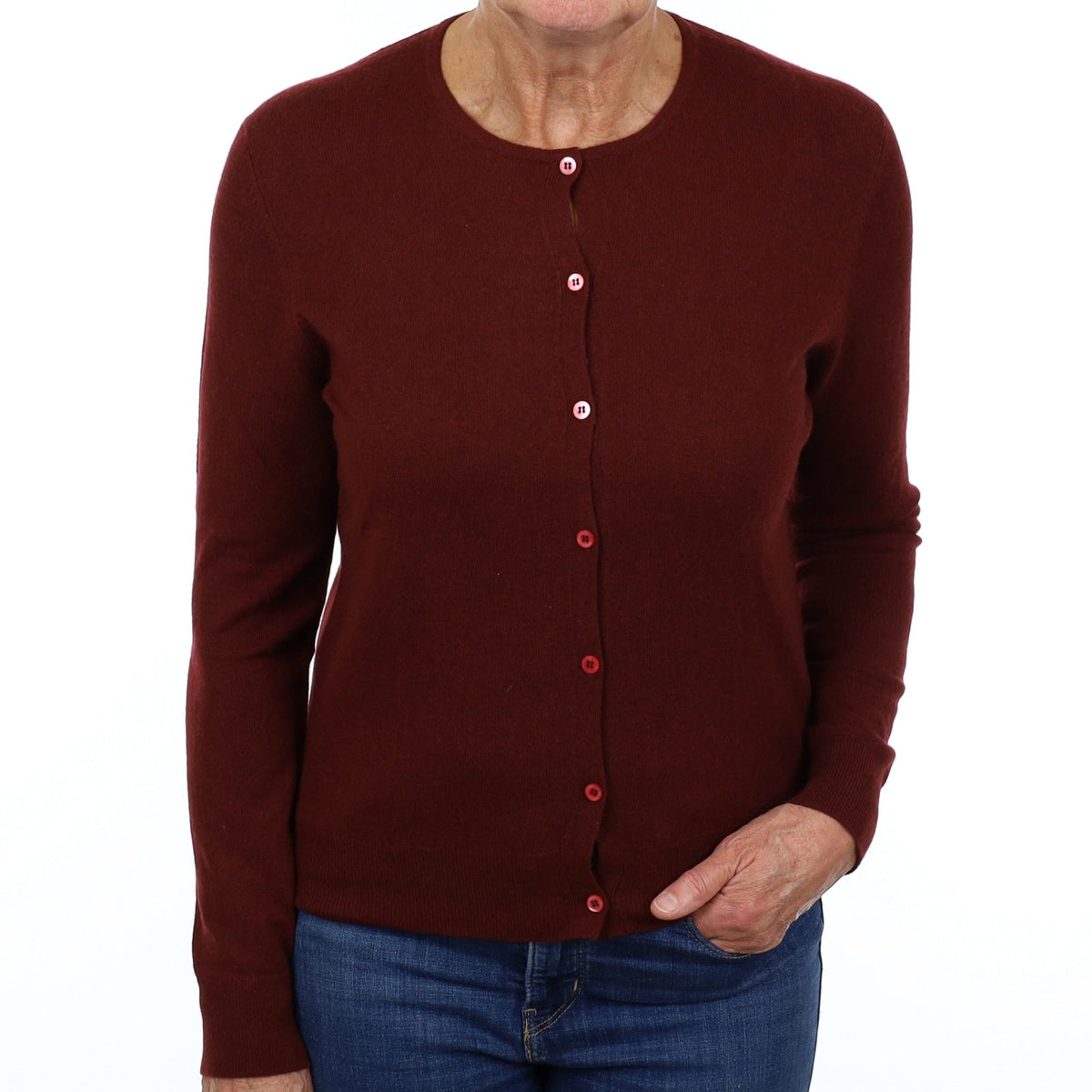 TSE Wine Red Cashmere Crew Neck Cardigan Medium